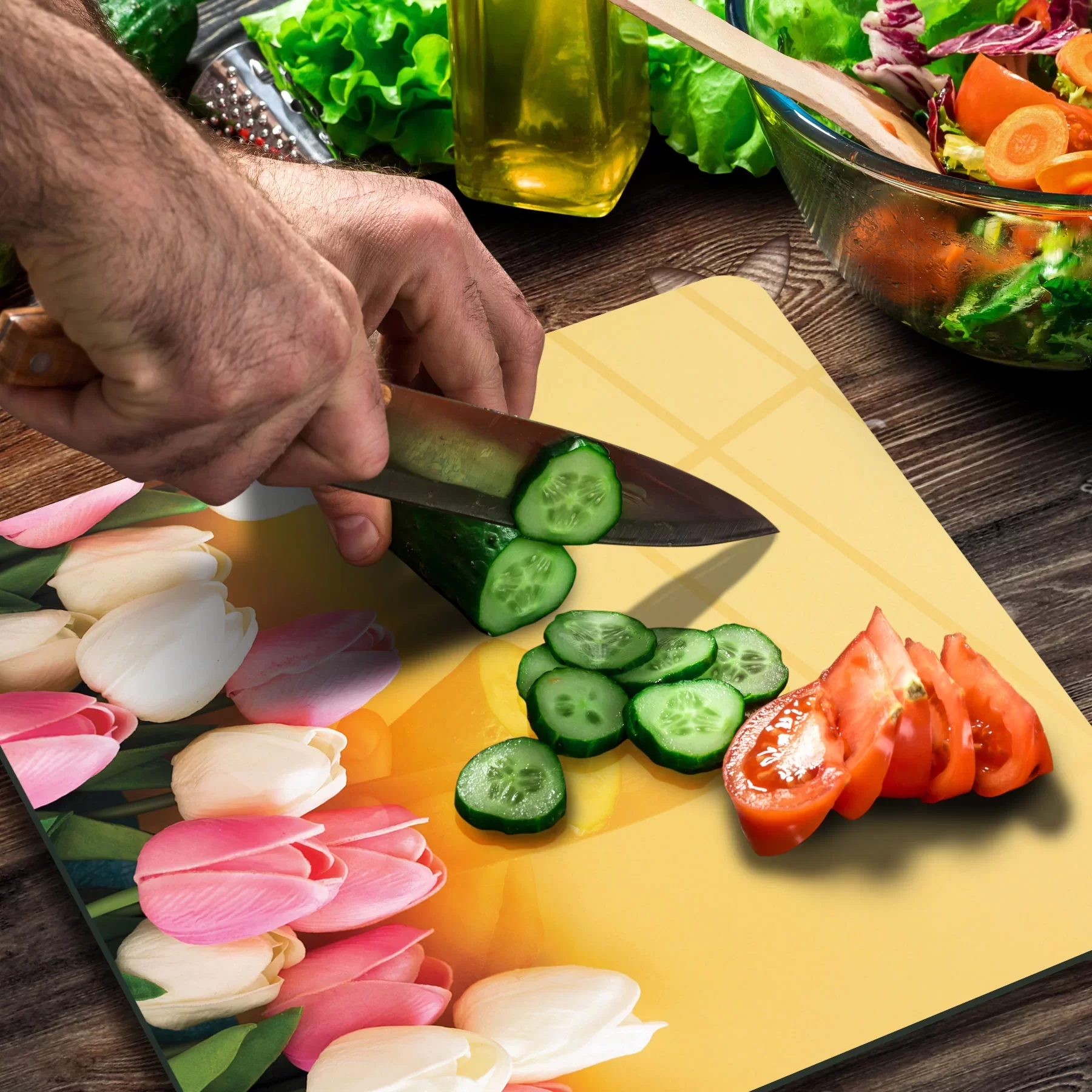 Picture of Decovetro Cam Kesme Tahtası ve Sunumluk Kare Lale Çiçekleri Kenar 30x30 Cm