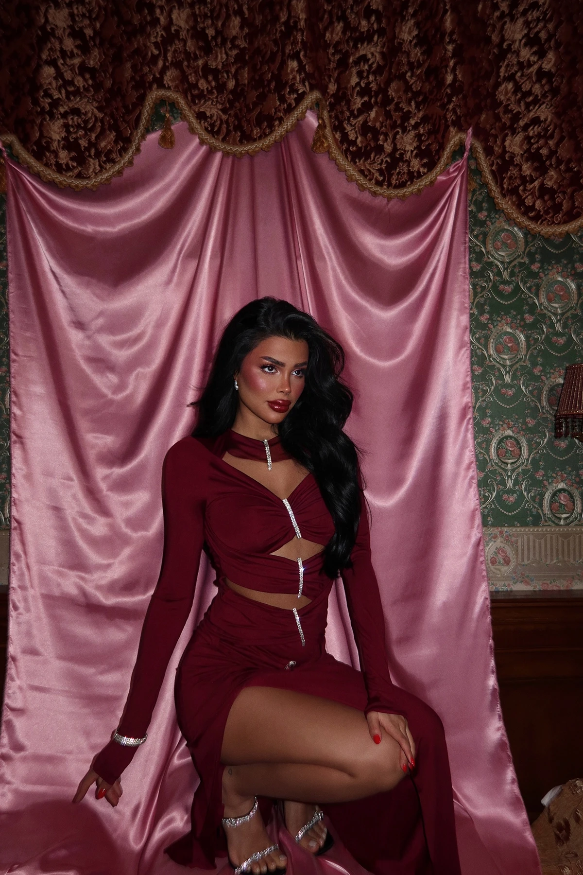 Picture of Claret Red Olesia Stone Detailed Long Dress