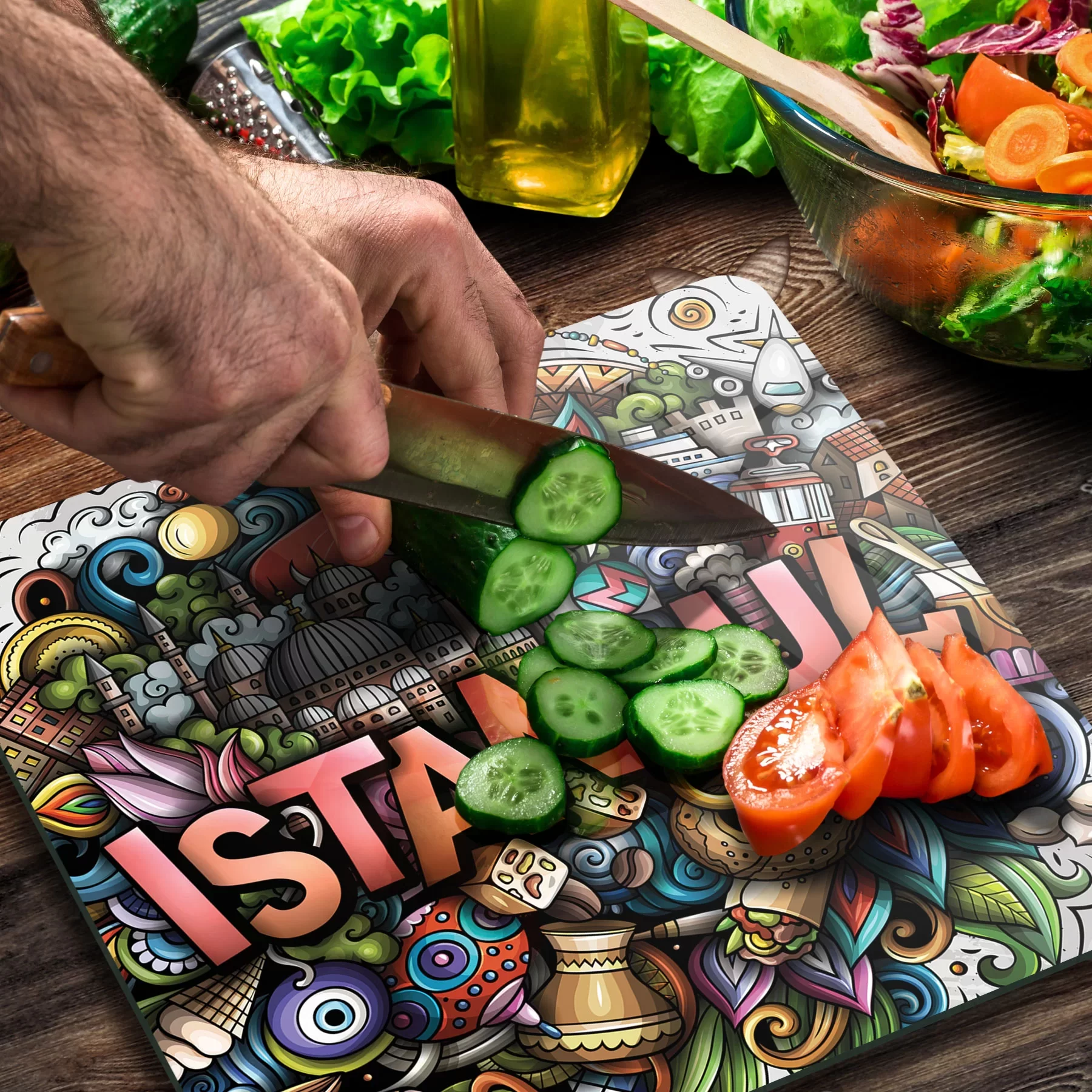 Picture of Decovetro Cam Kesme Tahtası ve Sunumluk Kare İstanbul Desenli 30x30 Cm