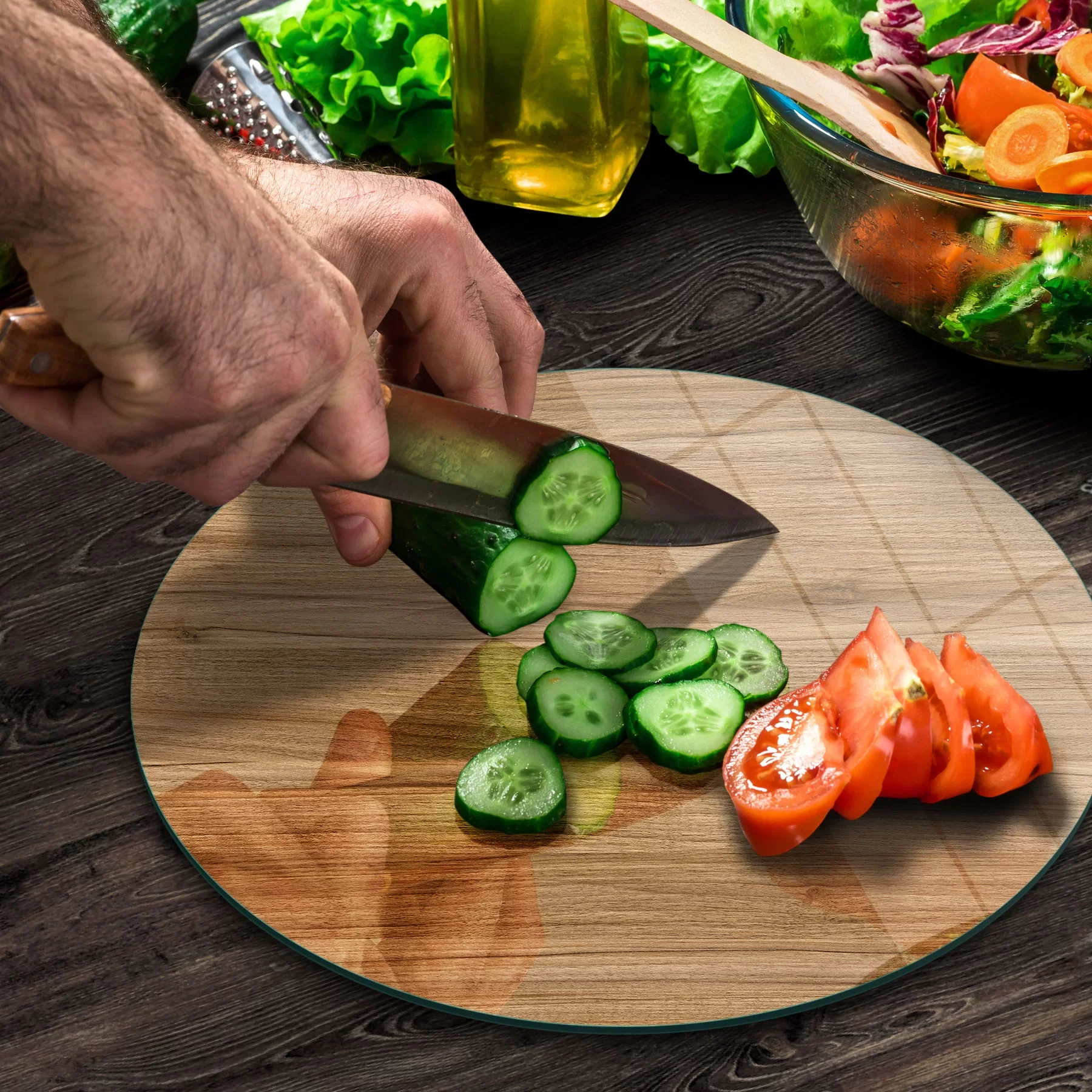 Picture of Decovetro Cam Kesme Tahtası ve Sunumluk Yuvarlak Açık Ahşap Meşe Desenli 30x30 Cm