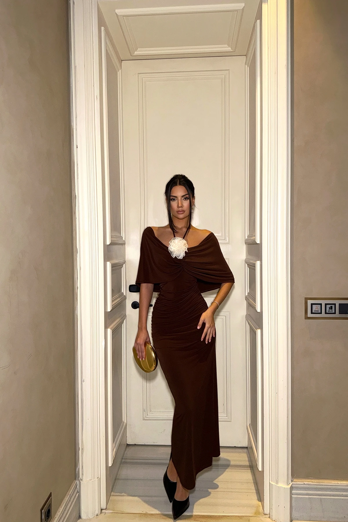 Picture of Brown Rose Detailed Skirt Suit