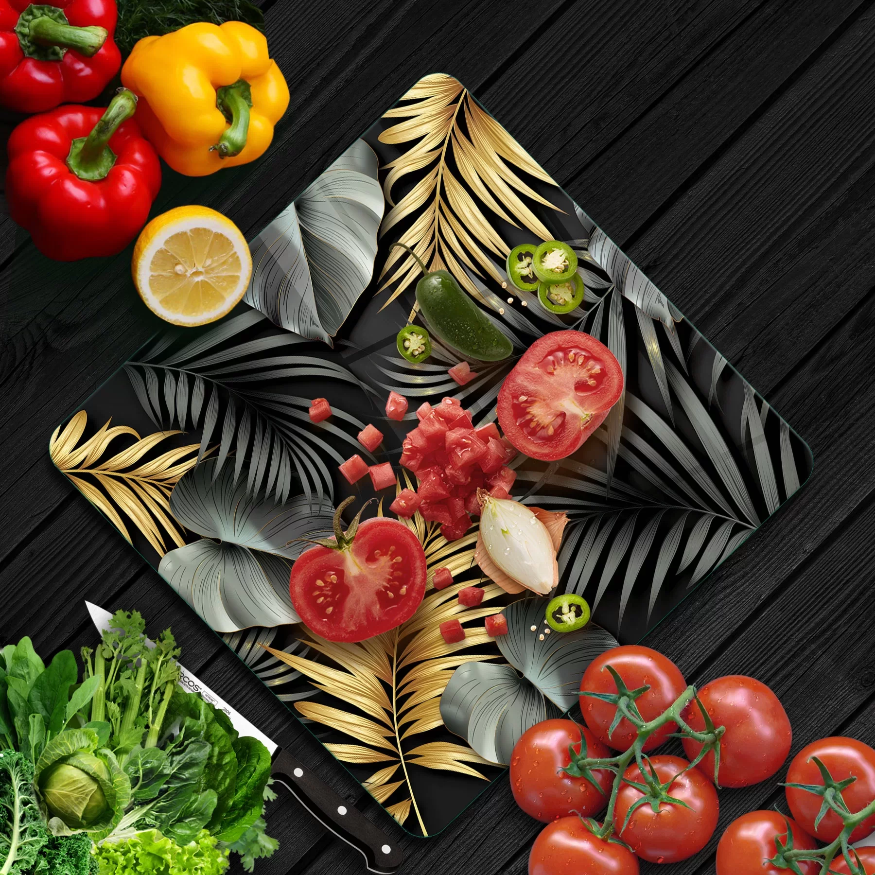 Picture of Decovetro Cam Kesme Tahtası ve Sunumluk Kare Tropik Yaprak Desenli 30x30 Cm