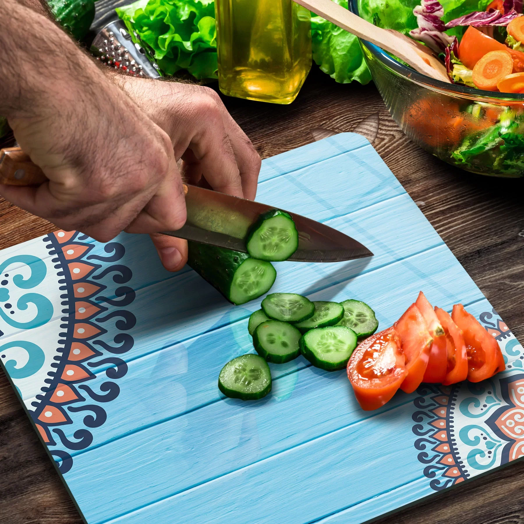 Picture of Decovetro Cam Kesme Tahtası ve Sunumluk Kare Otantik Turkuaz Desenli 30x30 Cm