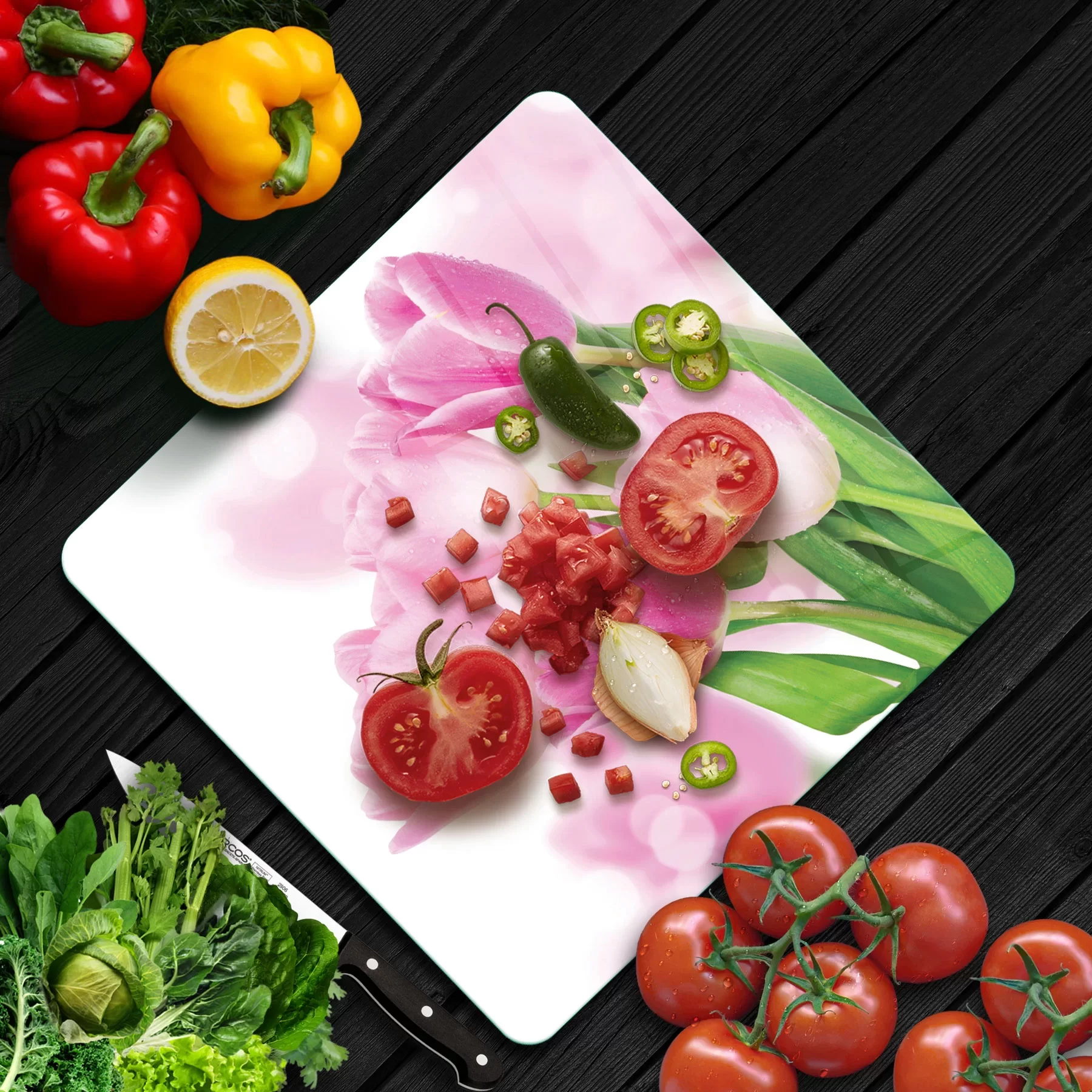 Picture of Decovetro Cam Kesme Tahtası ve Sunumluk Kare Lale Desenli 30x30 Cm