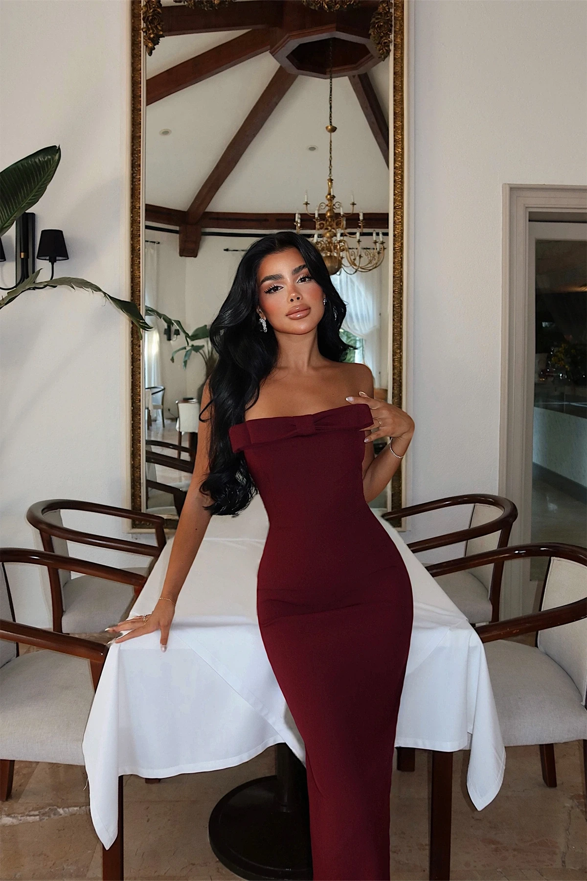 Picture of Strapless Midi Dress in Cherry Maroon