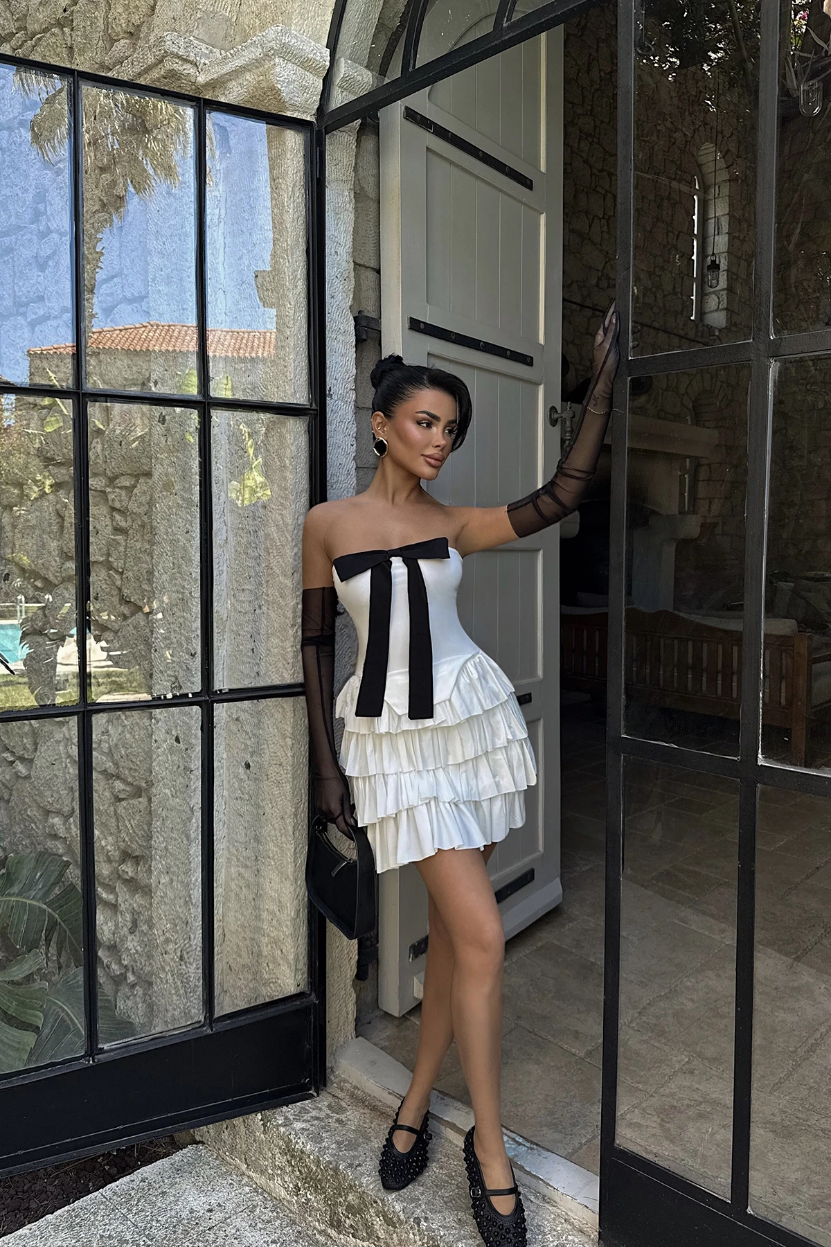 Picture of White Ramblas Mini Ruffle Dress with Glove Detail