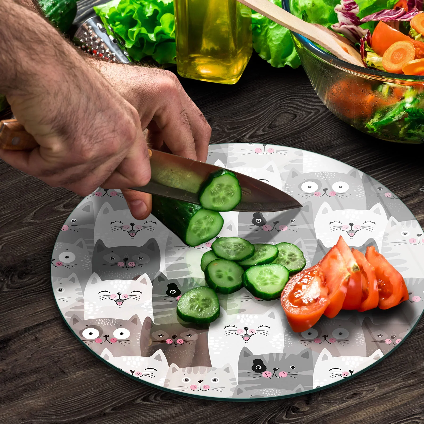 Picture of Decovetro Cam Kesme Tahtası ve Sunumluk Yuvarlak Sevimli Kediler Desenli 30x30 Cm