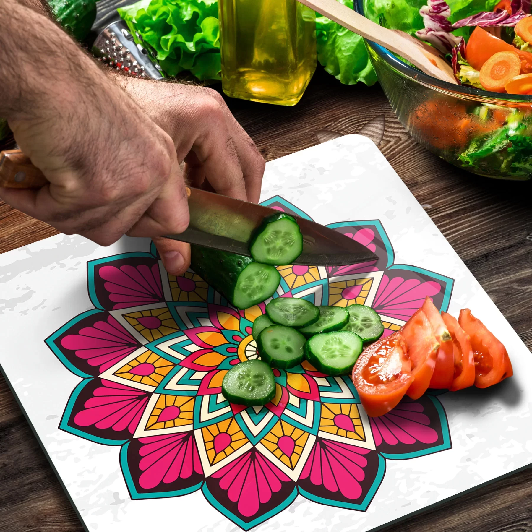 Picture of Decovetro Cam Kesme Tahtası ve Sunumluk Kare Mandala 6 Desenli 30x30 Cm