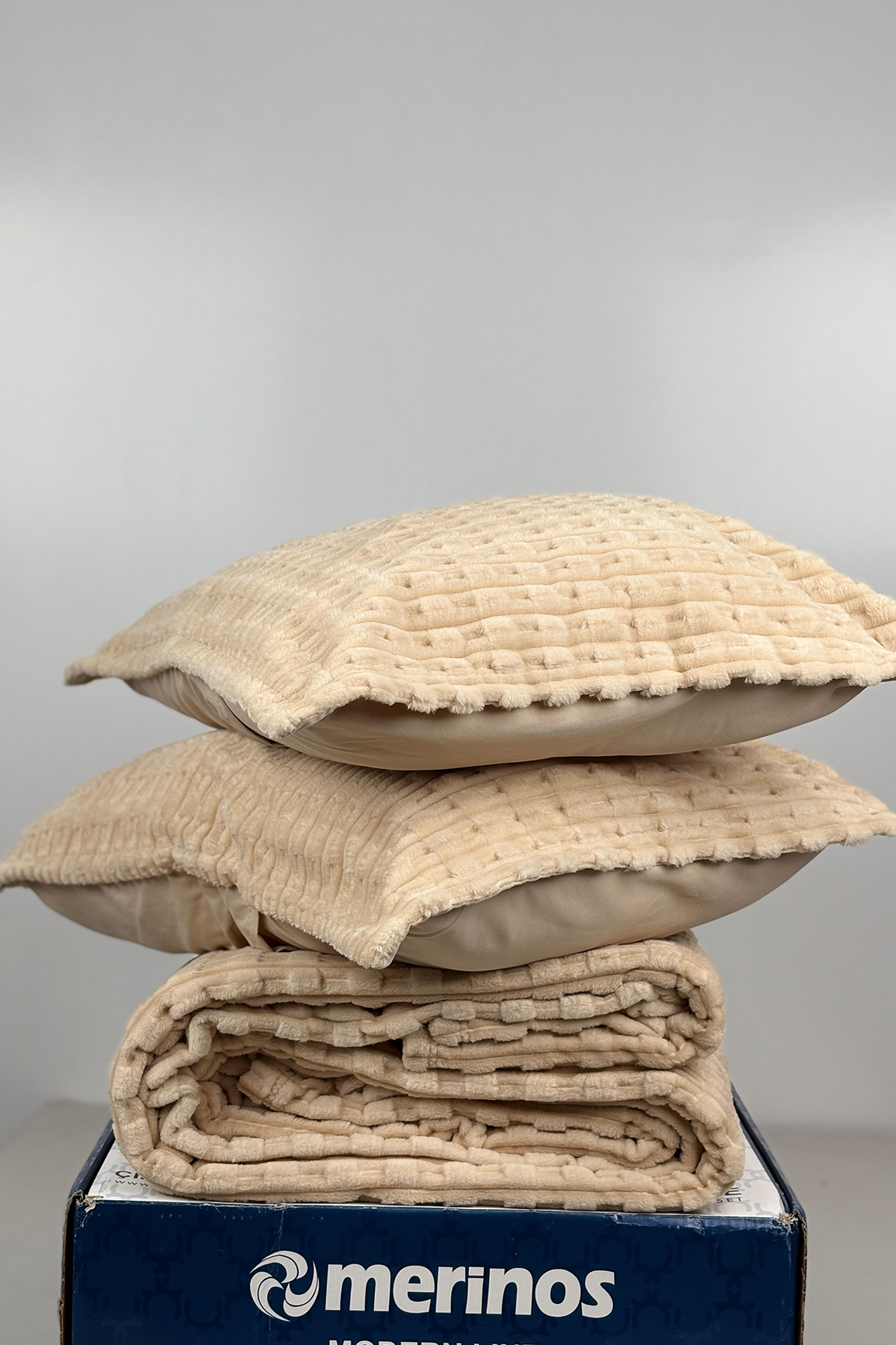 Picture of Merinos Twist Çift Kişilik Battaniye Seti Cappucino