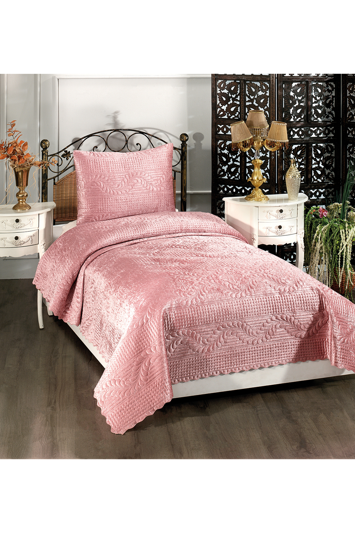 Picture of Velica Tek Kişilik Kadife Yatak Örtüsü Pudra