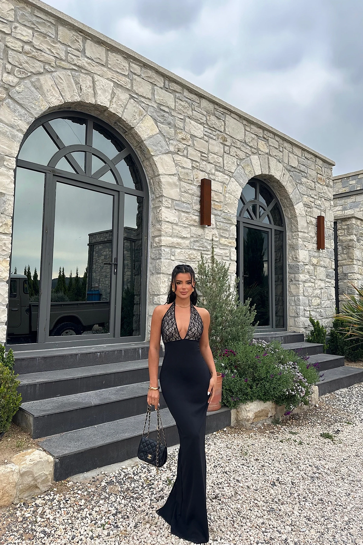 Picture of Black Perri Lace Detail Long Back Slit Dress