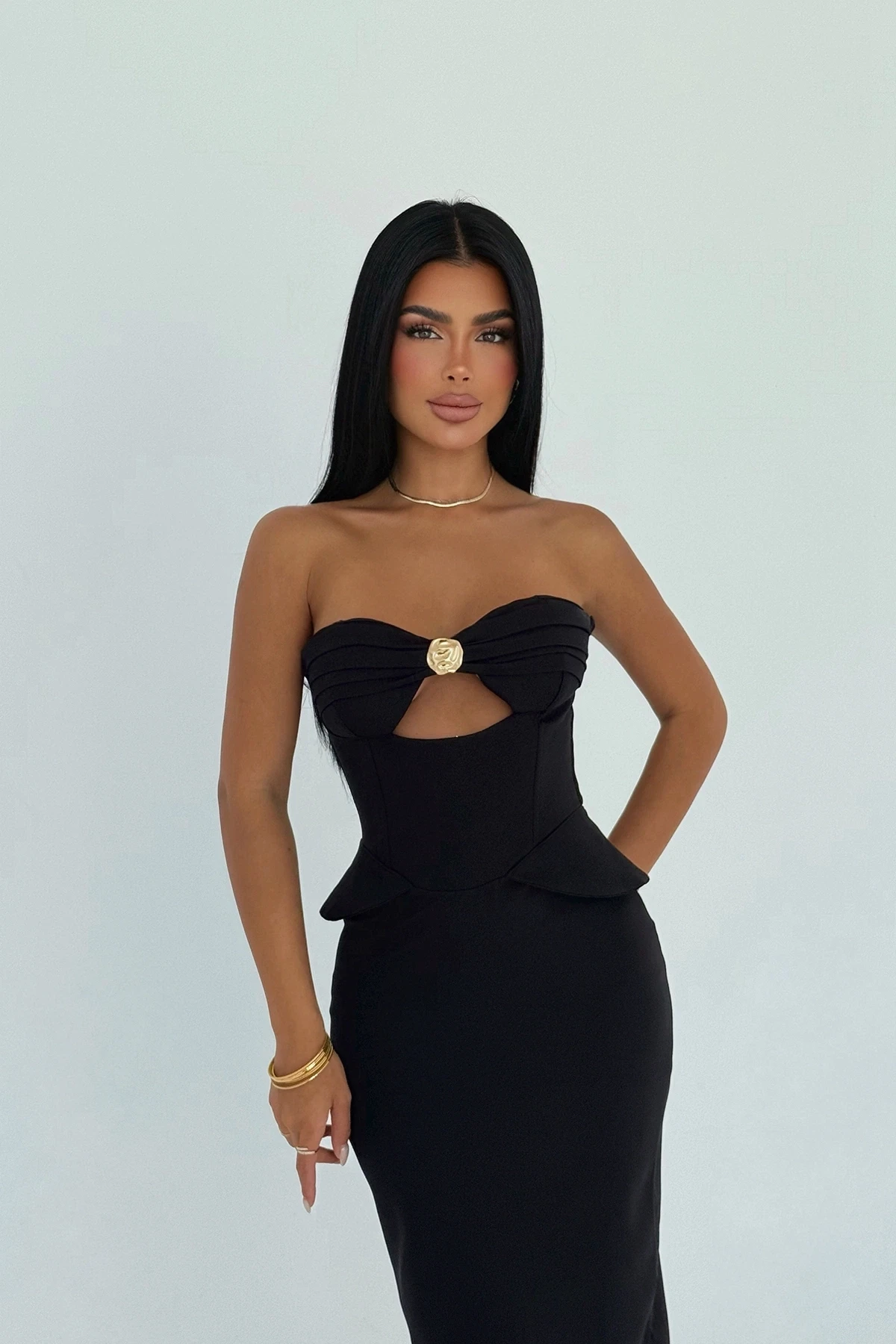 Picture of Black Strapless Dress with Pocket Detail