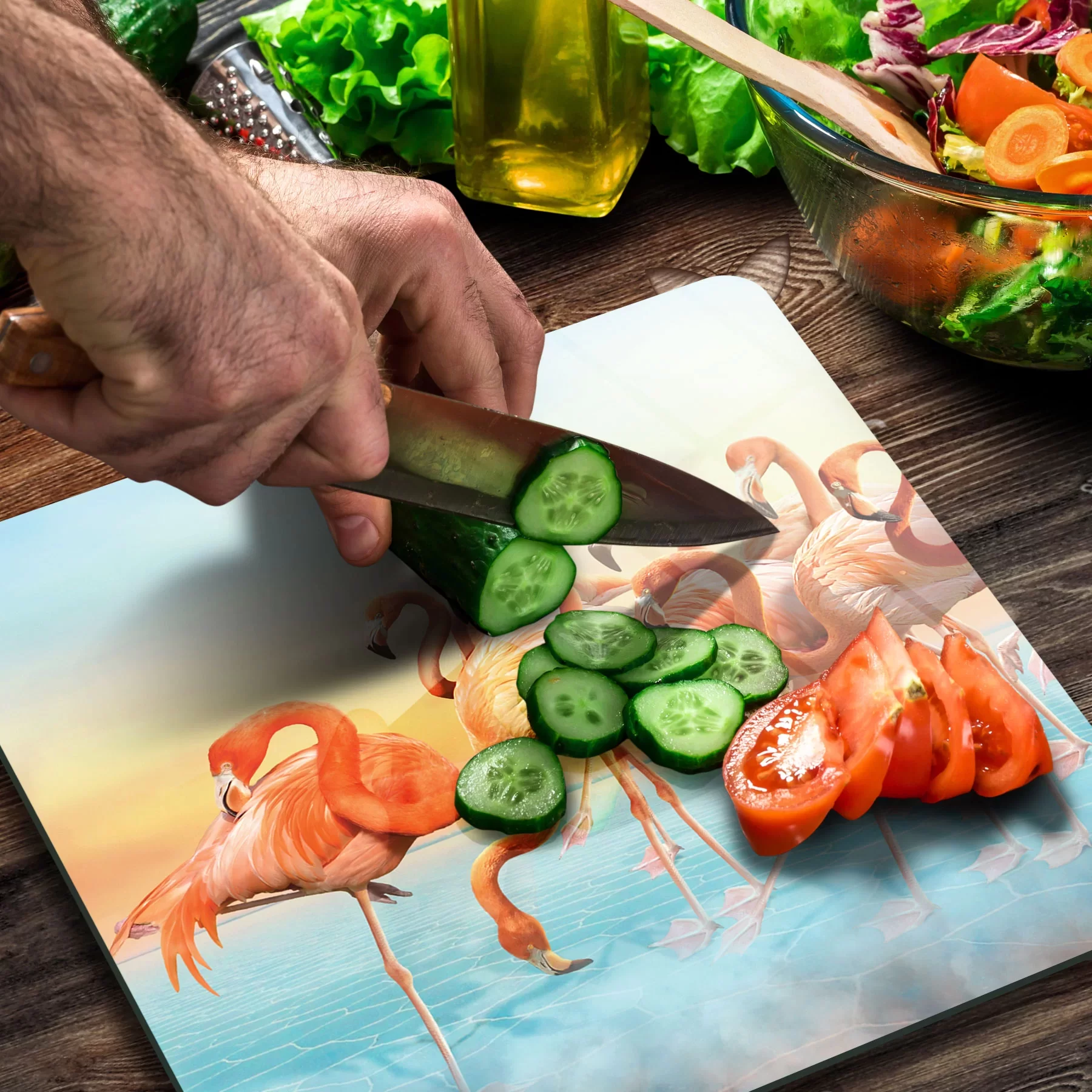 Picture of Decovetro Cam Kesme Tahtası ve Sunumluk Kare Flamingo Desenli 30x30 Cm