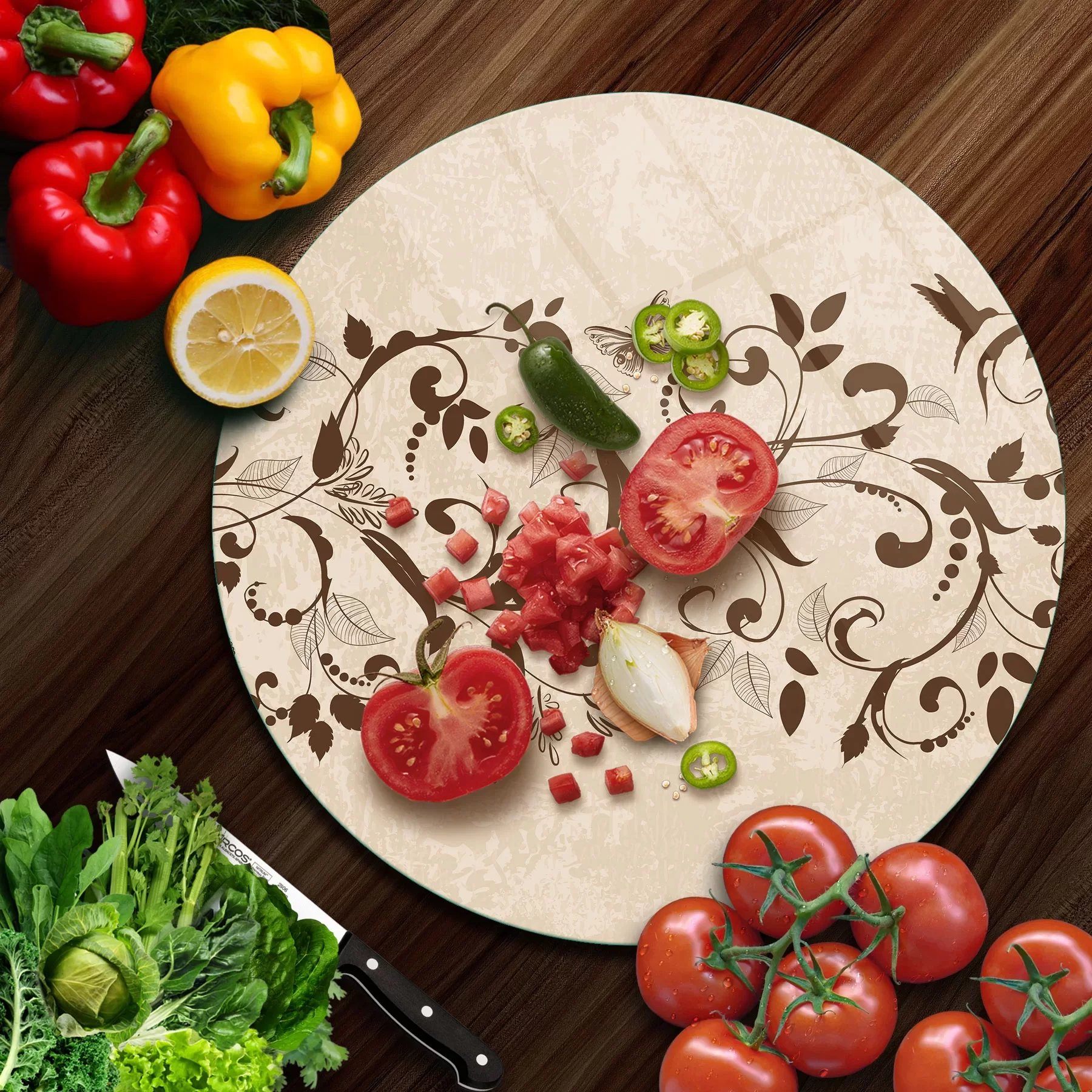 Picture of Decovetro Cam Kesme Tahtası ve Sunumluk Yuvarlak Sarmaşık Desenli 30x30 Cm