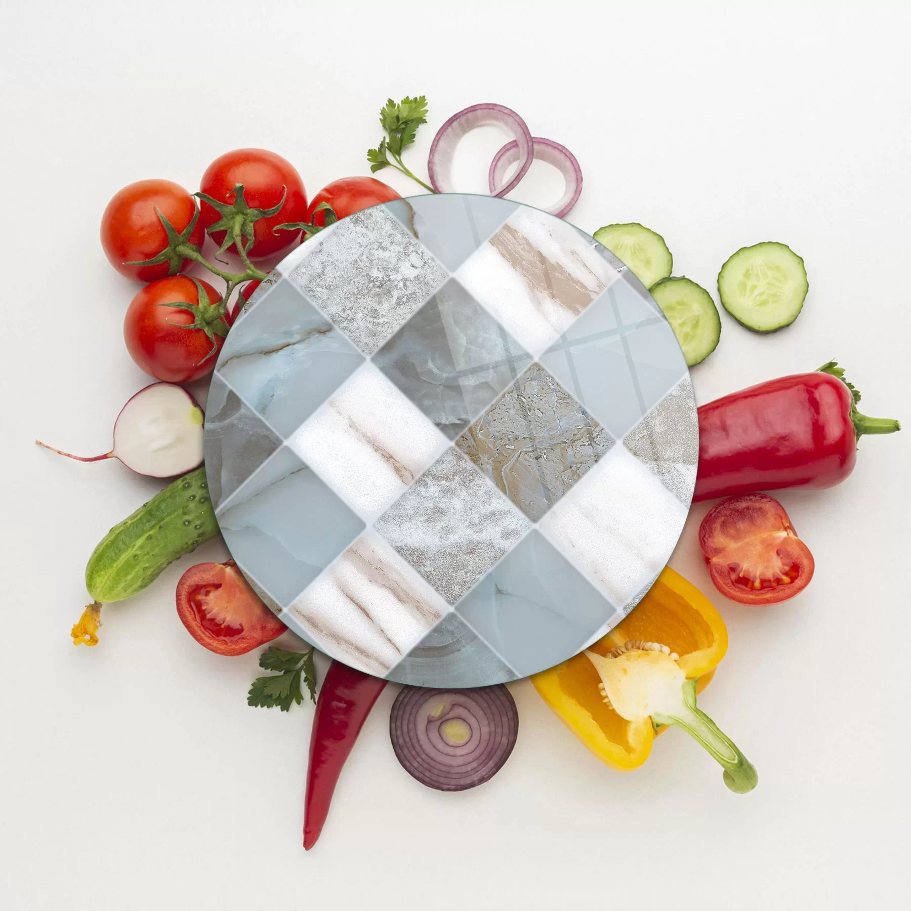 Picture of Decovetro Cam Kesme Tahtası ve Sunumluk Yuvarlak Gri Mermer Desenli 30x30 Cm