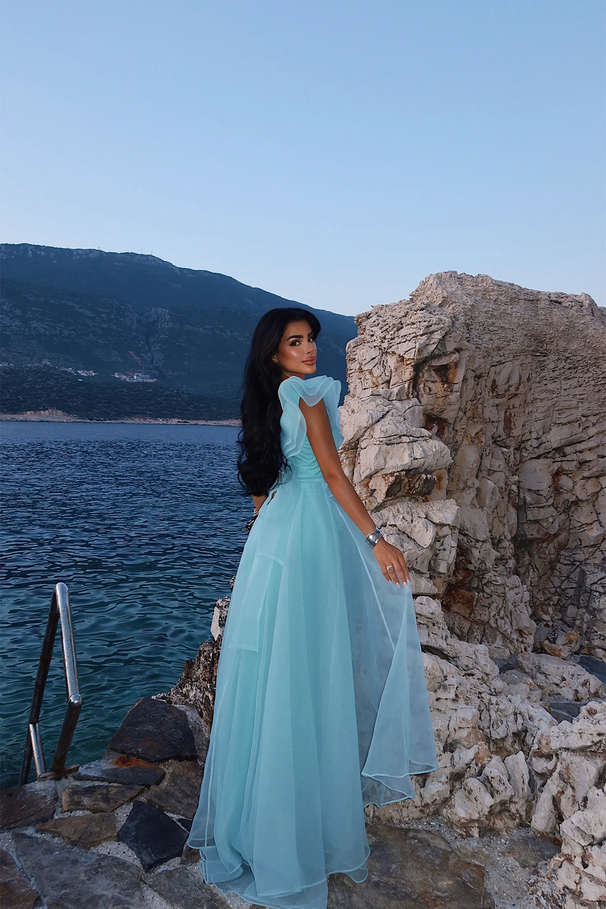 Picture of Turquoise Tulle Detail Long Evening Dress