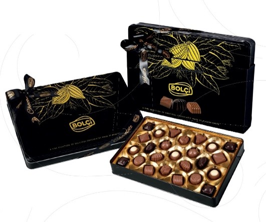 Picture of ASSORTED CHOCOLATE PRALINES GOLD&BLACK TIN BOX 250g