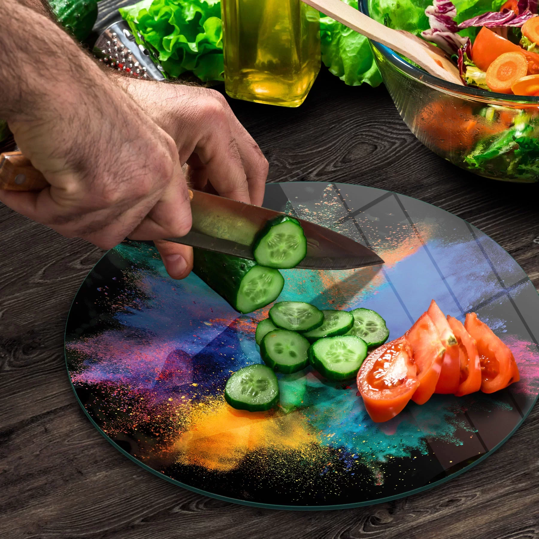 Picture of Decovetro Cam Kesme Tahtası ve Sunumluk Yuvarlak Renk Bulutu Desenli 30x30 Cm