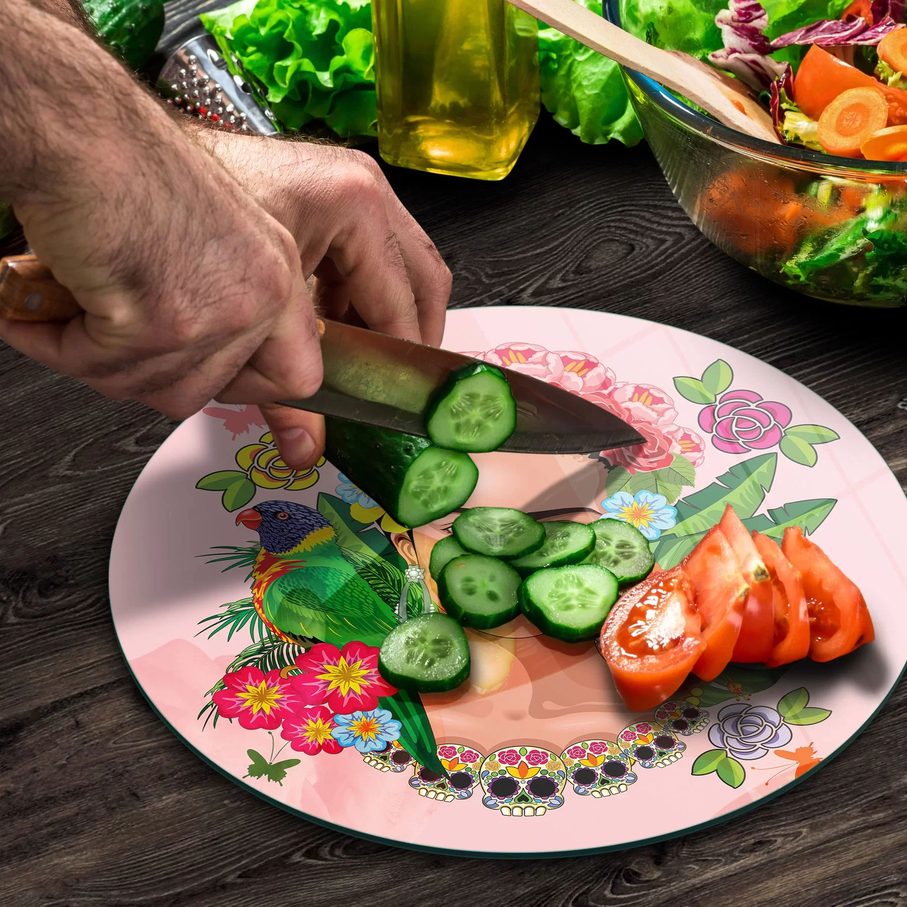 Picture of Decovetro Cam Kesme Tahtası ve Sunumluk Yuvarlak Pembe Desenli 30x30 Cm