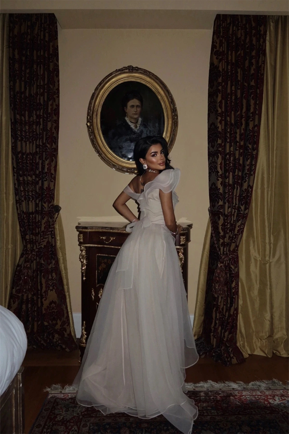 Picture of Beige Tulle Detail Long Evening Dress