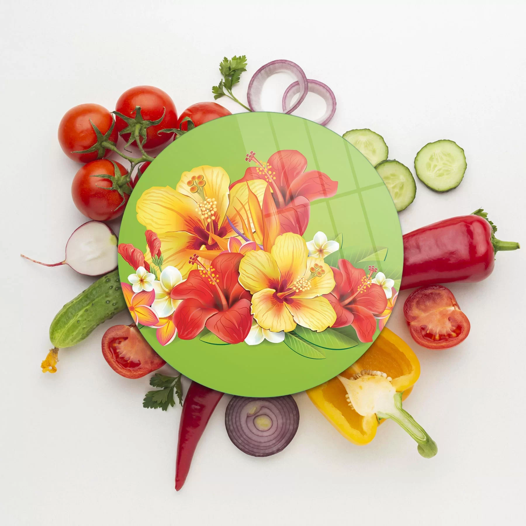 Picture of Decovetro Cam Kesme Tahtası ve Sunumluk Yuvarlak Renkli Çiçek Desenli 30x30 Cm