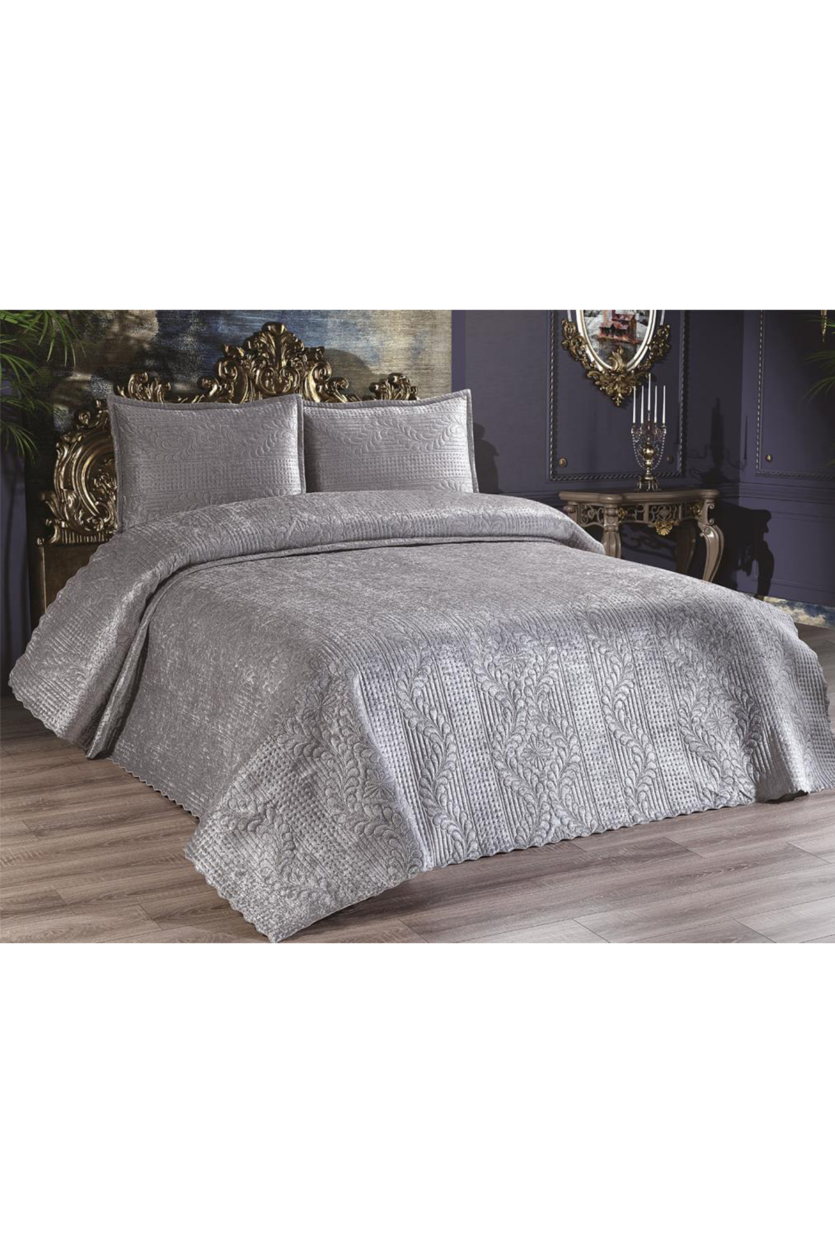 Picture of Velica Çift Kişilik Kadife Yatak Örtüsü Gri