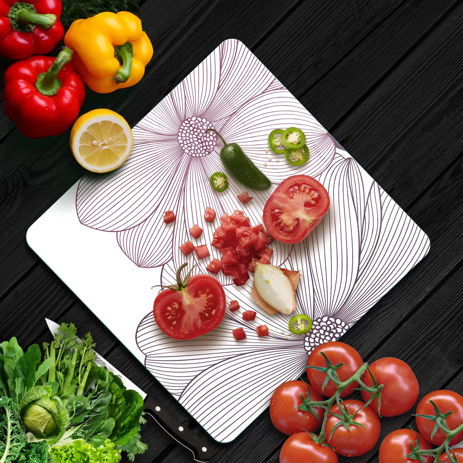 Picture of Decovetro Cam Kesme Tahtası ve Sunumluk Kare Çizgi Çiçekler Desenli 30x30 Cm