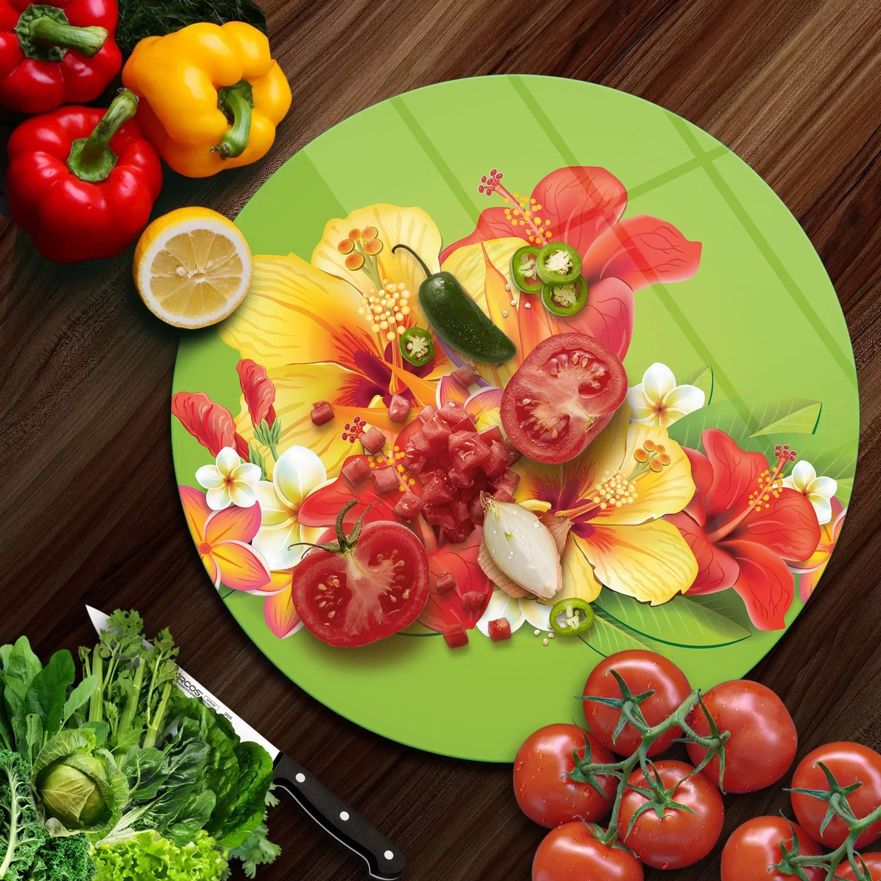 Picture of Decovetro Cam Kesme Tahtası ve Sunumluk Yuvarlak Renkli Çiçek Desenli 30x30 Cm