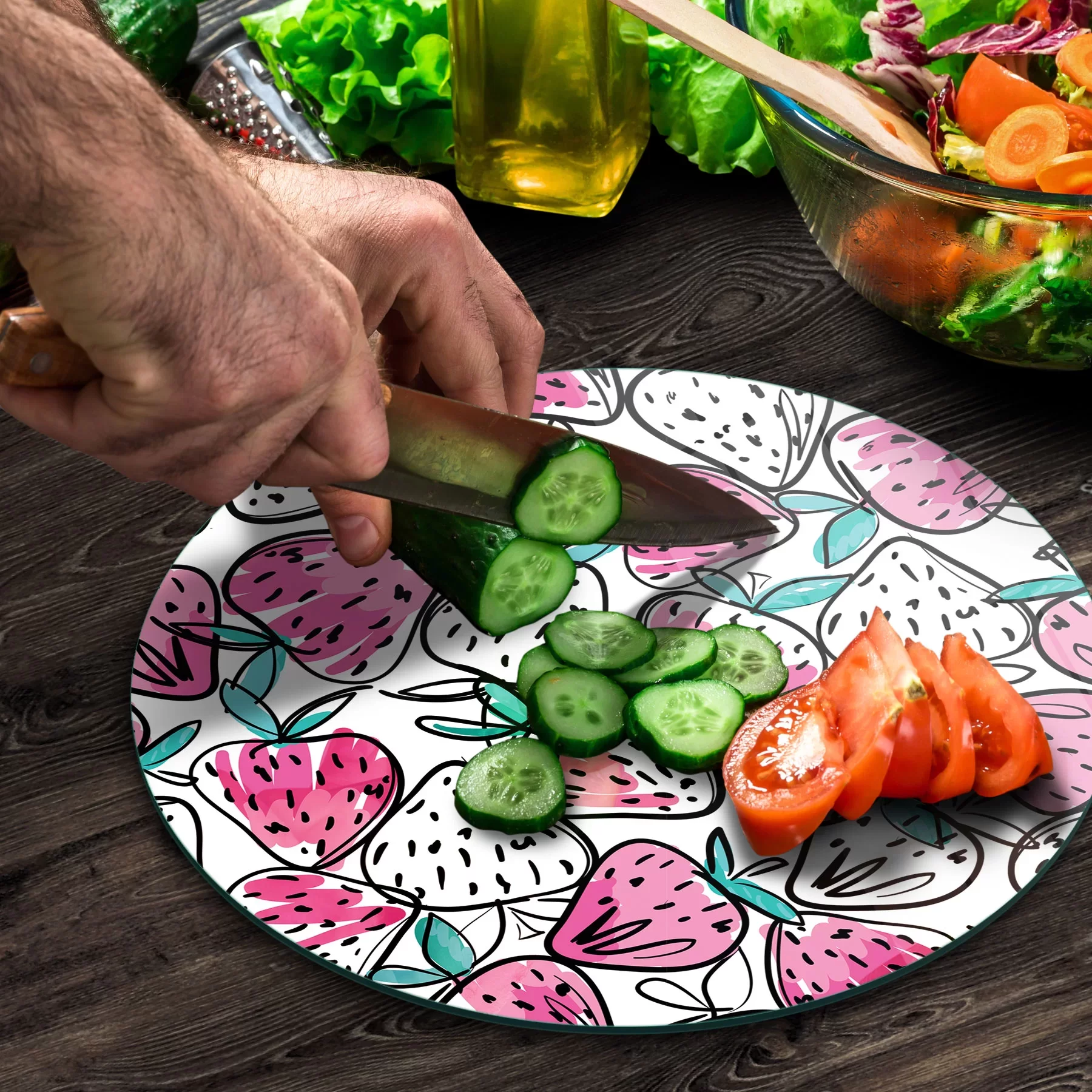 Picture of Decovetro Cam Kesme Tahtası ve Sunumluk Yuvarlak Çilek Desenli 30x30 Cm