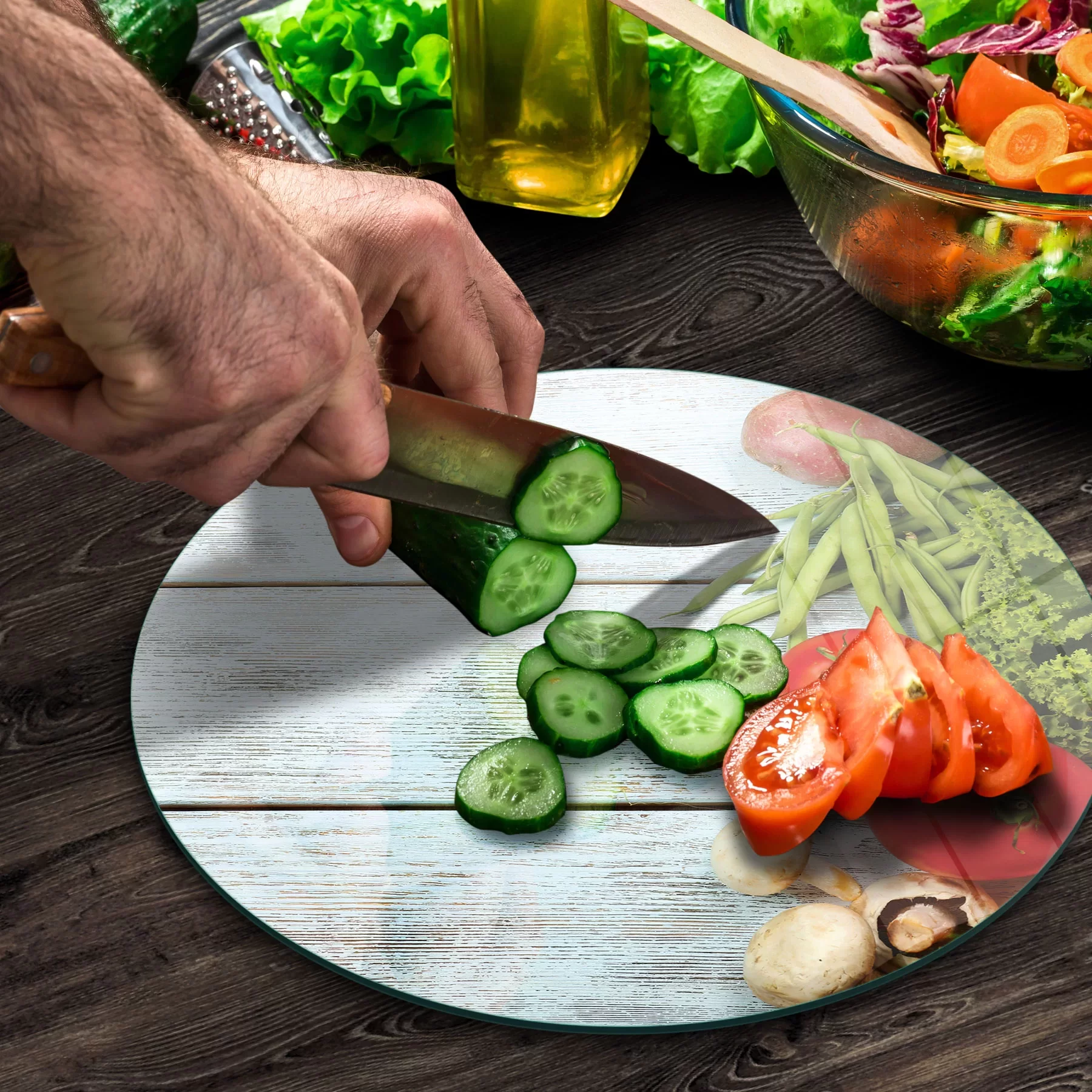 Picture of Decovetro Cam Kesme Tahtası ve Sunumluk Yuvarlak Mavi Ahşap Desenli 30x30 Cm