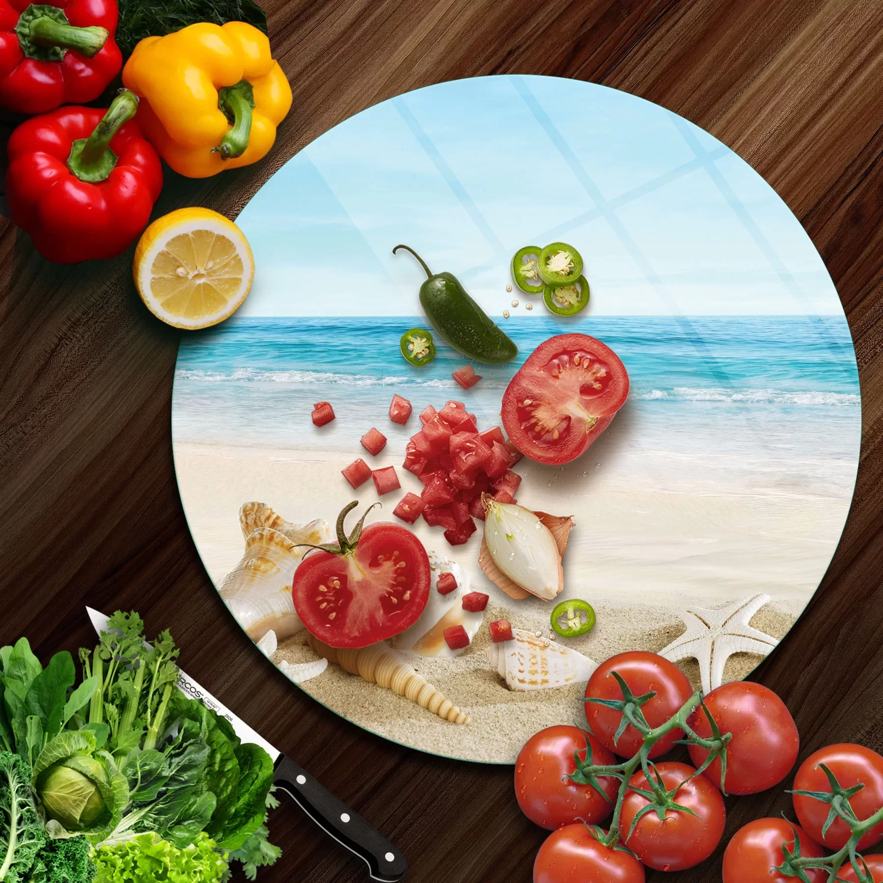 Picture of Decovetro Cam Kesme Tahtası ve Sunumluk Yuvarlak Sahil Deniz Yıldızı Desenli 30x30 Cm