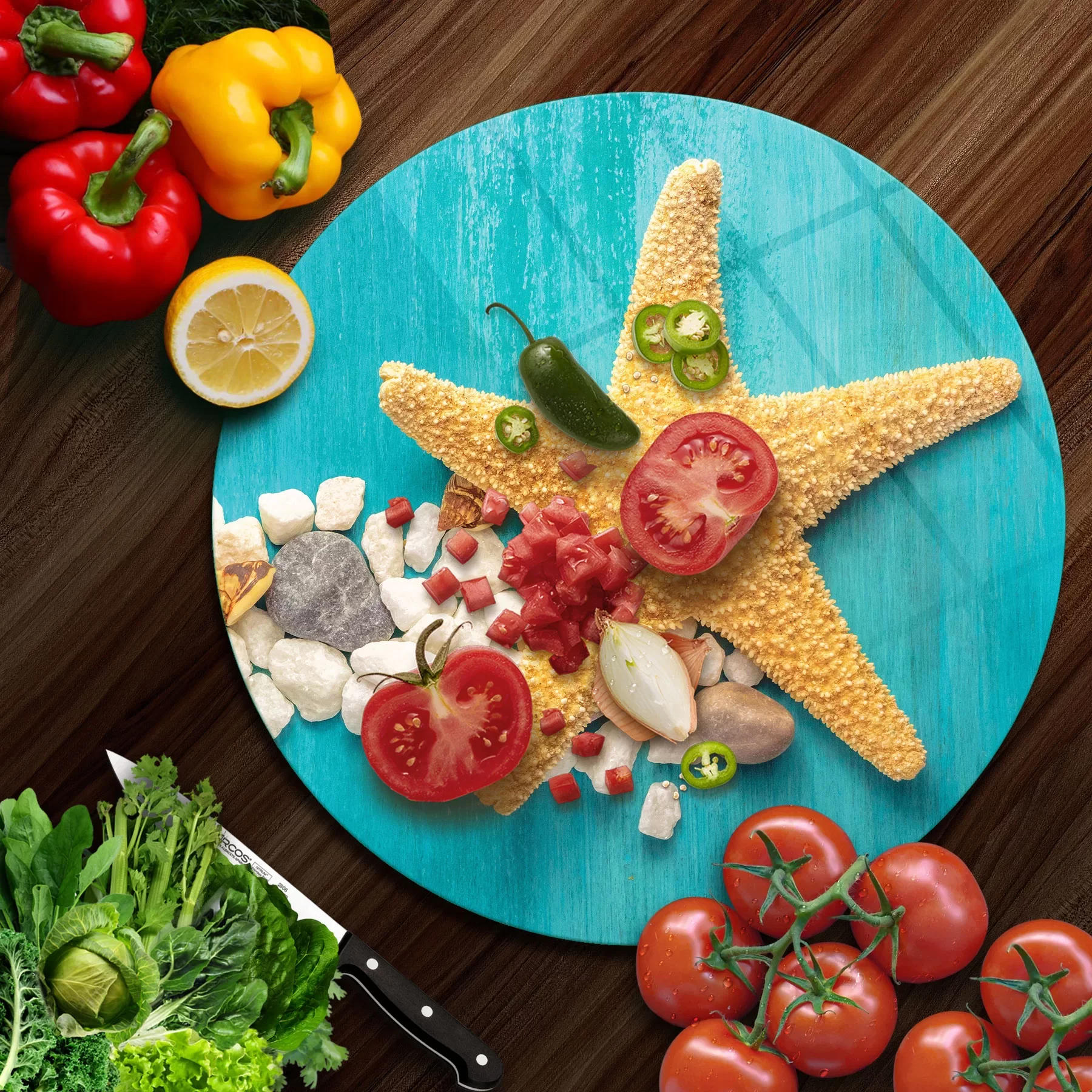 Picture of Decovetro Cam Kesme Tahtası ve Sunumluk Yuvarlak Turkuaz Deniz Yıldızı Desenli 30x30 Cm