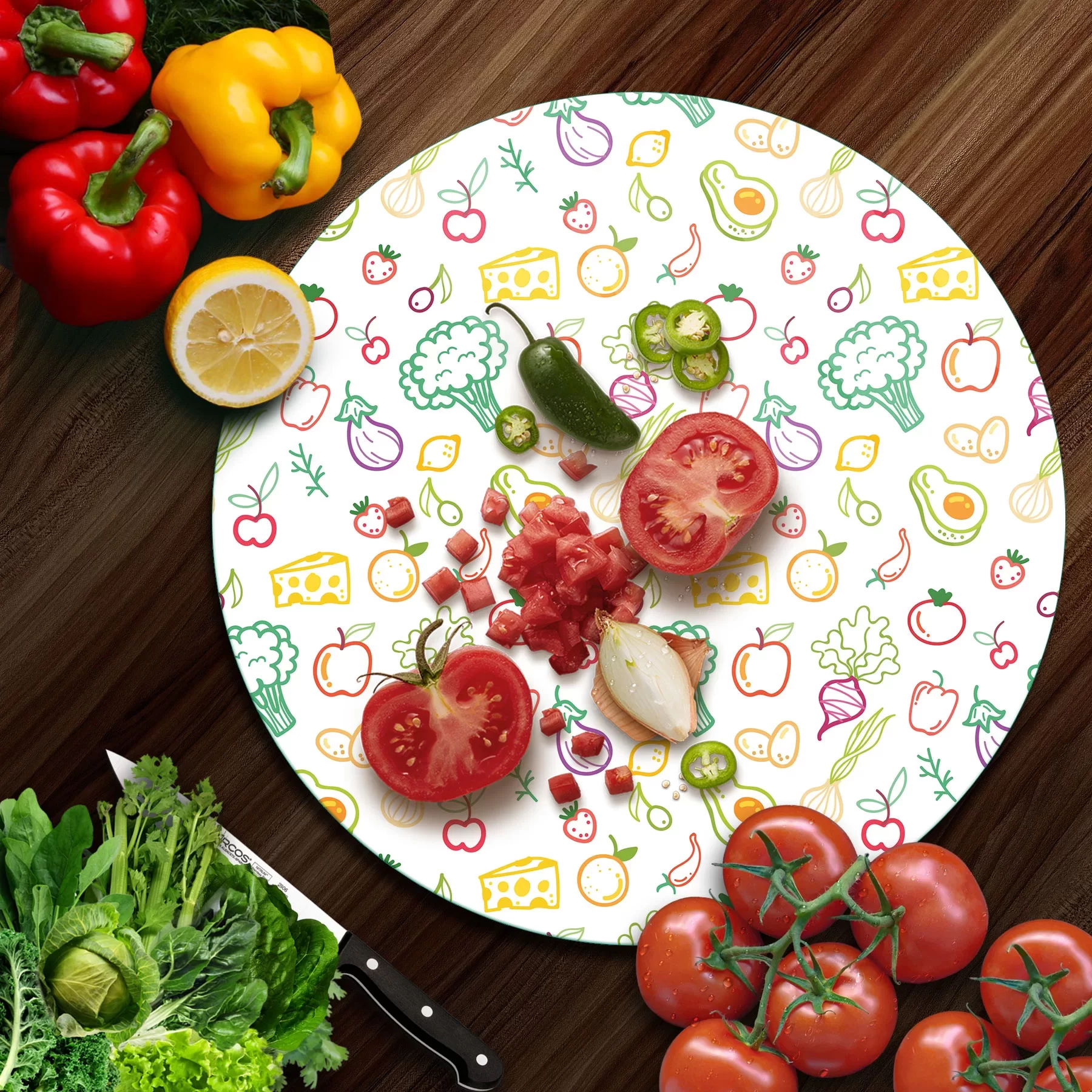 Picture of Decovetro Cam Kesme Tahtası ve Sunumluk Yuvarlak Karışık Meyve Sebze Desenli 30x30 Cm