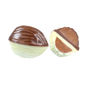 Picture of WALNUT - HAZELNUT GIANDUJA & CORN FLAKES FILLED WHITE & MILK CHOCOLATE 2,4Kg