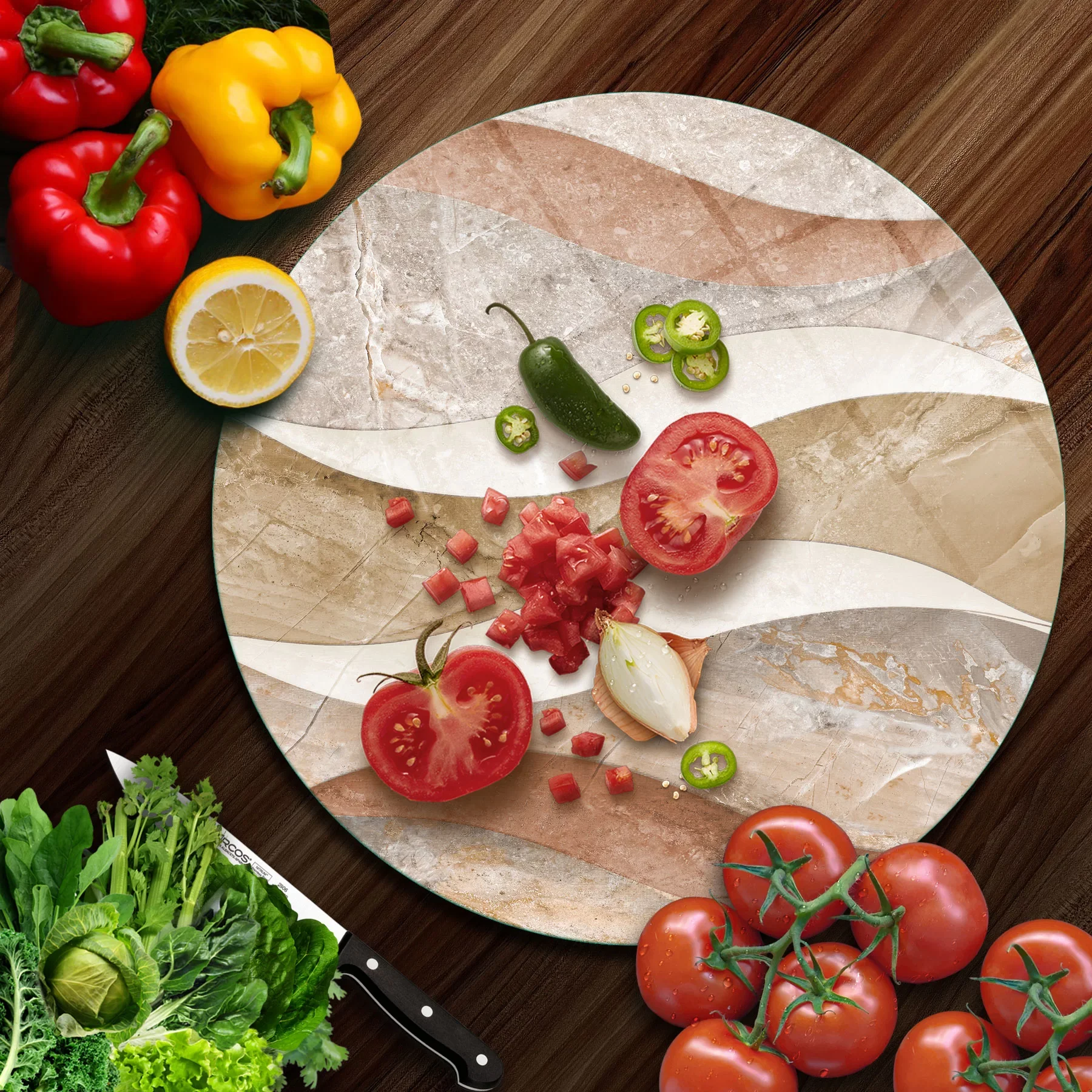 Picture of Decovetro Cam Kesme Tahtası ve Sunumluk Yuvarlak Dalgalı Mermer Desenli 30x30 Cm