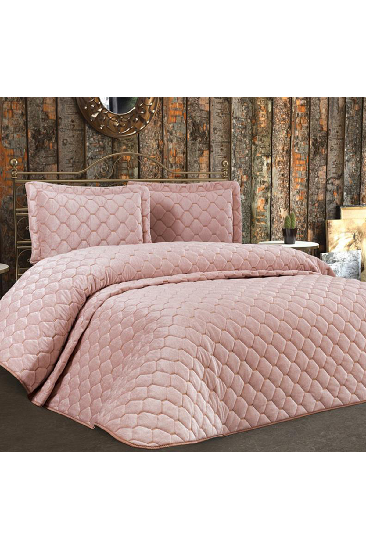 Picture of Lima Kadife Dolgulu Çift Kişilik Yatak Örtüsü Pudra