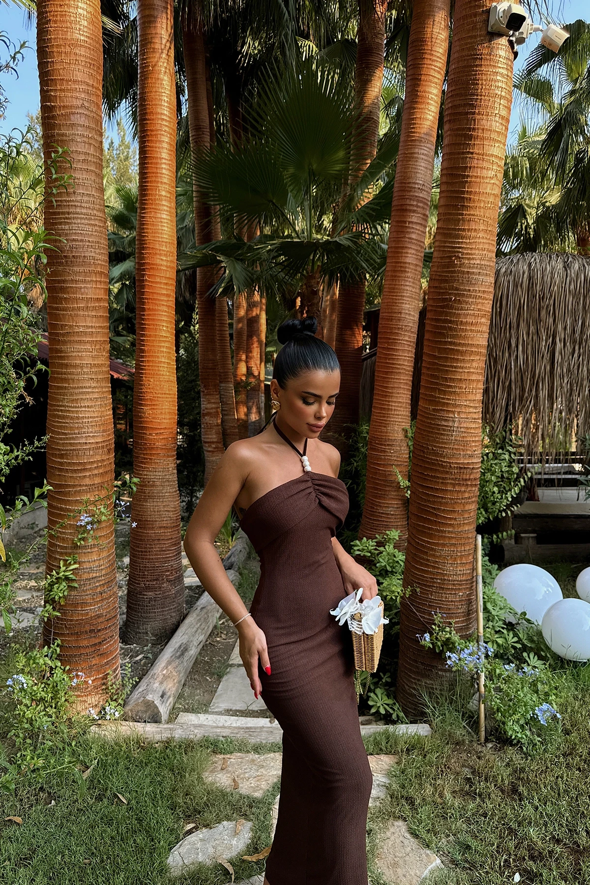 Picture of Brown Nina Pearl Detailed Halter Neck Dress