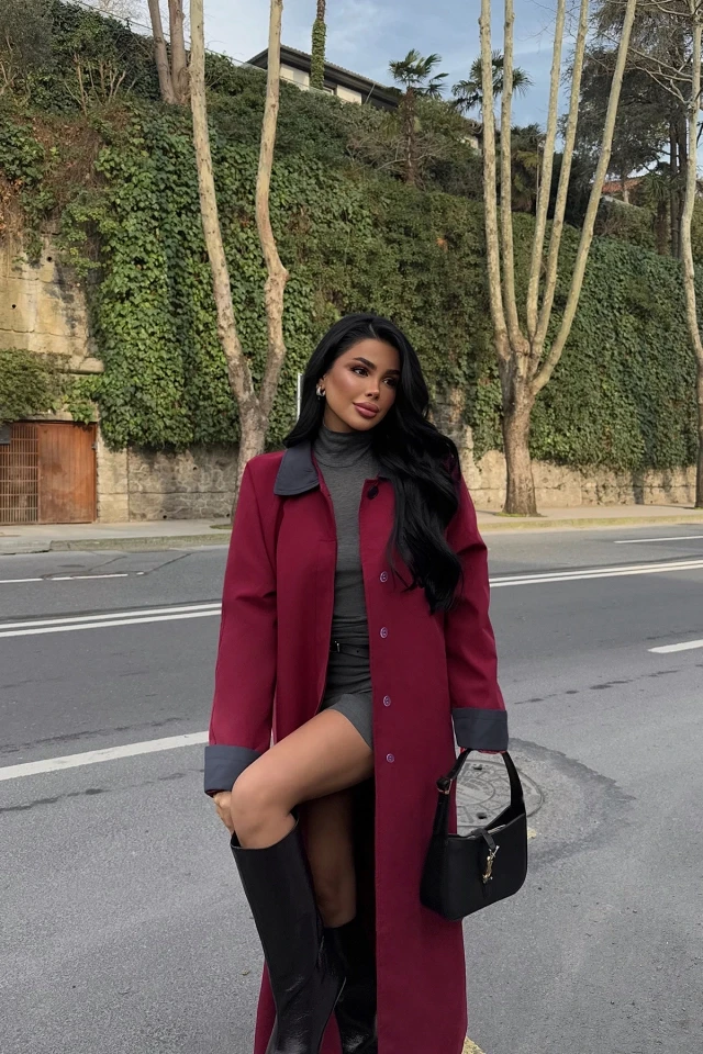 Picture of Burgundy Shirt Collar Long Trench Coat