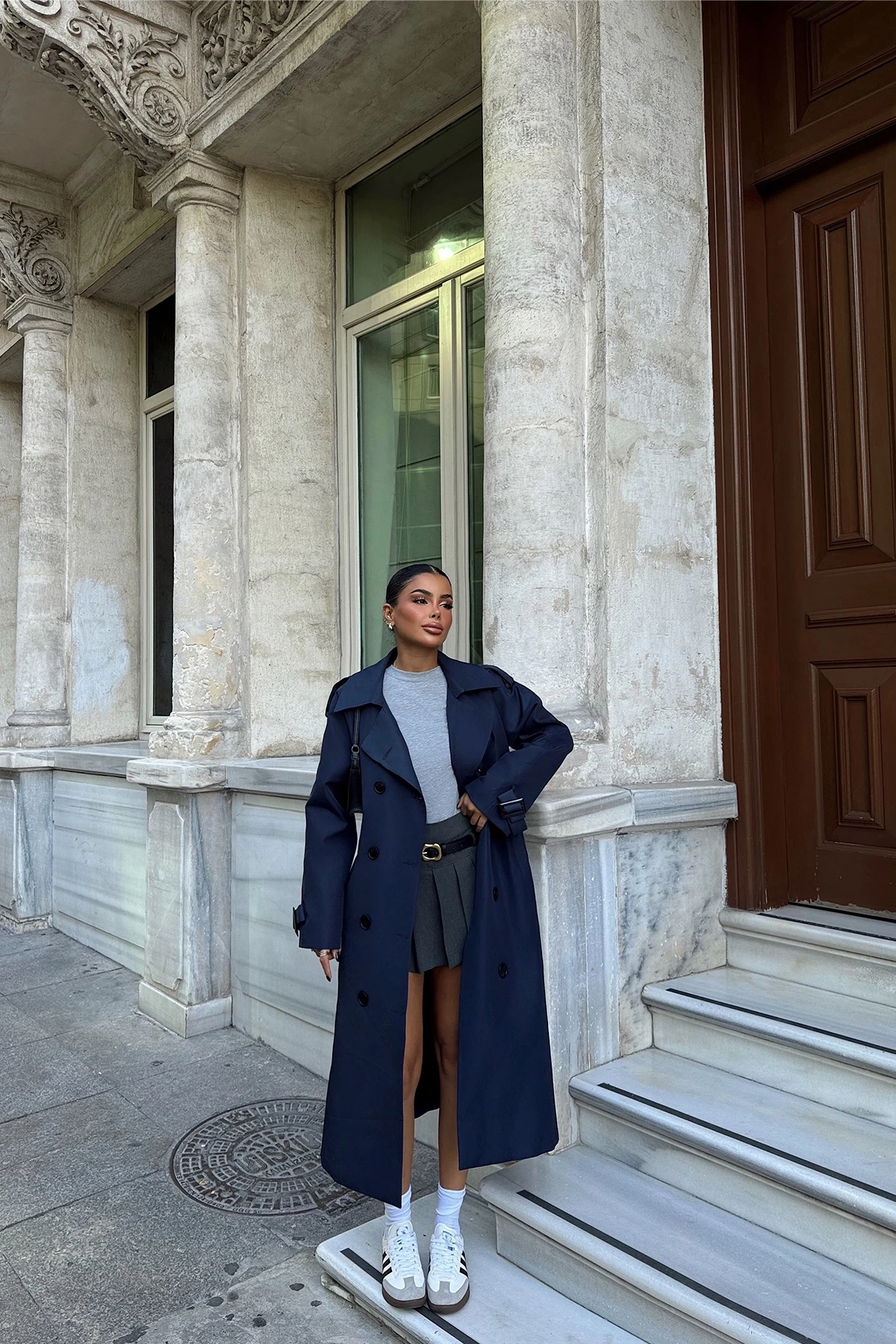 Picture of Navy Blue Sleeves Belted Trench Coat