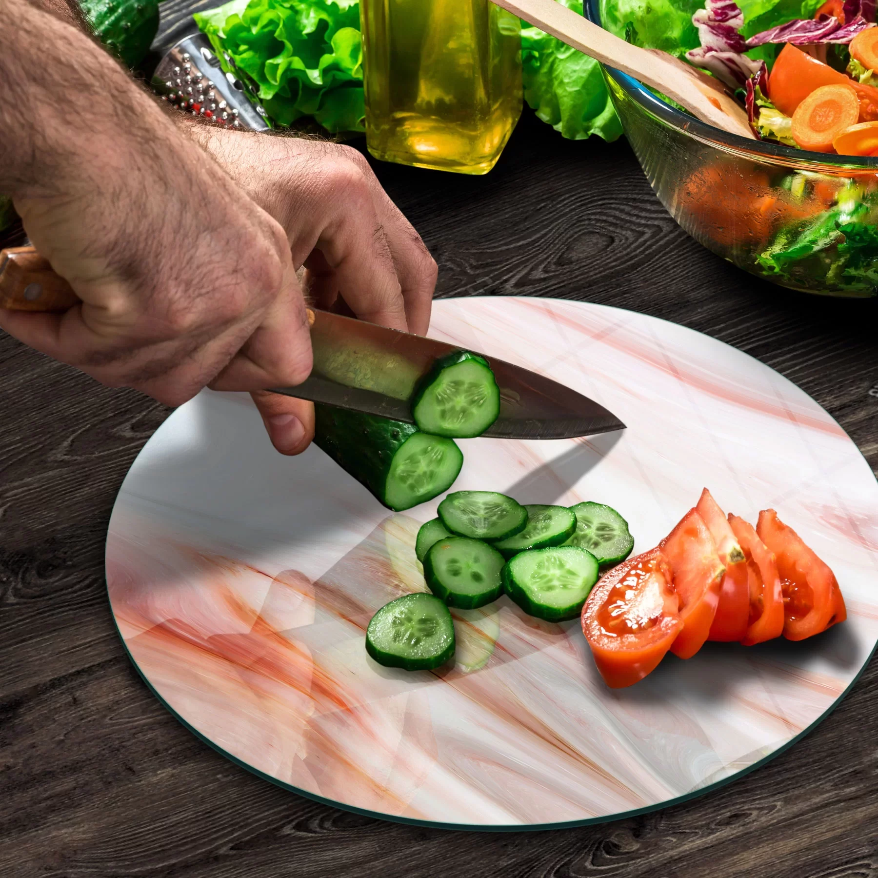 Picture of Decovetro Cam Kesme Tahtası ve Sunumluk Yuvarlak Kırmızı Mermer Desenli 30x30 Cm