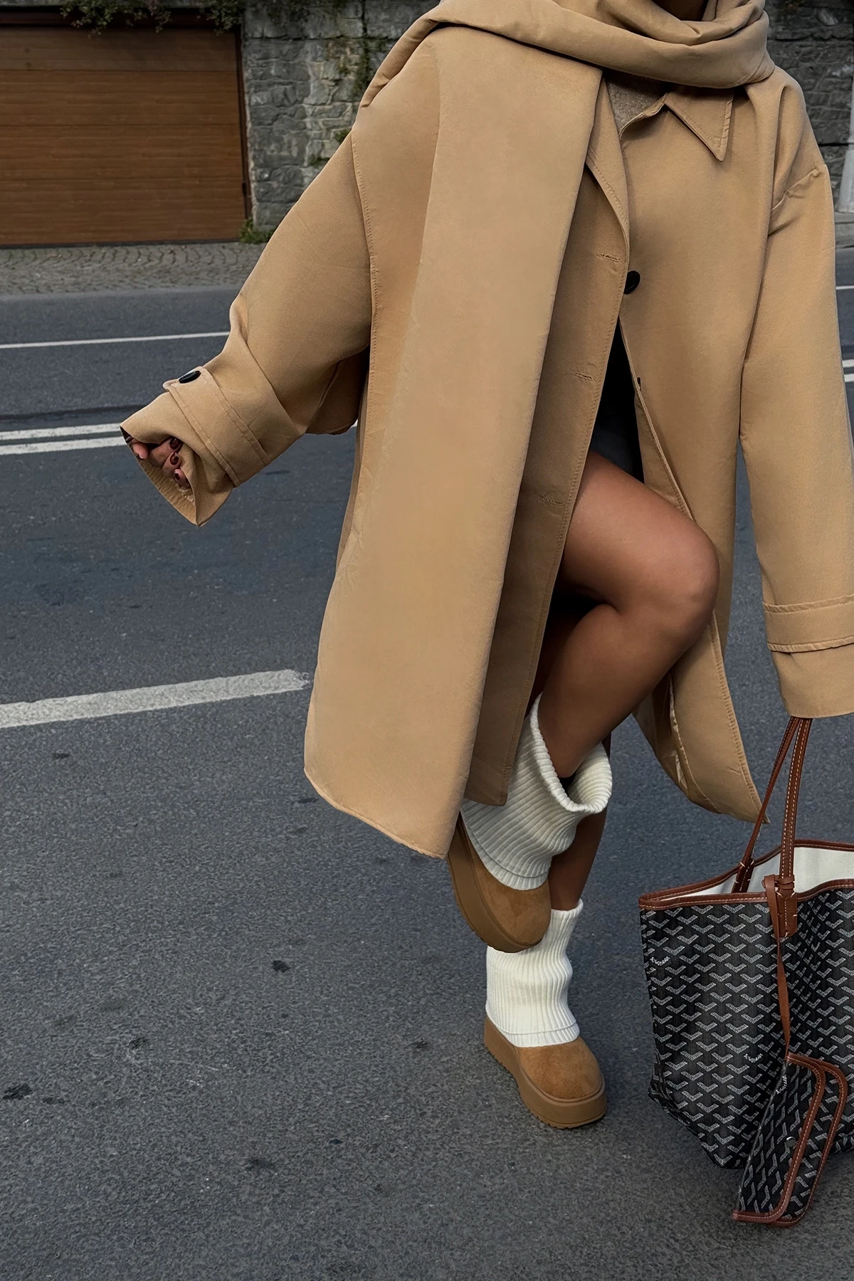 Picture of Tan Front Buttoned Belt Detail Trench Coat