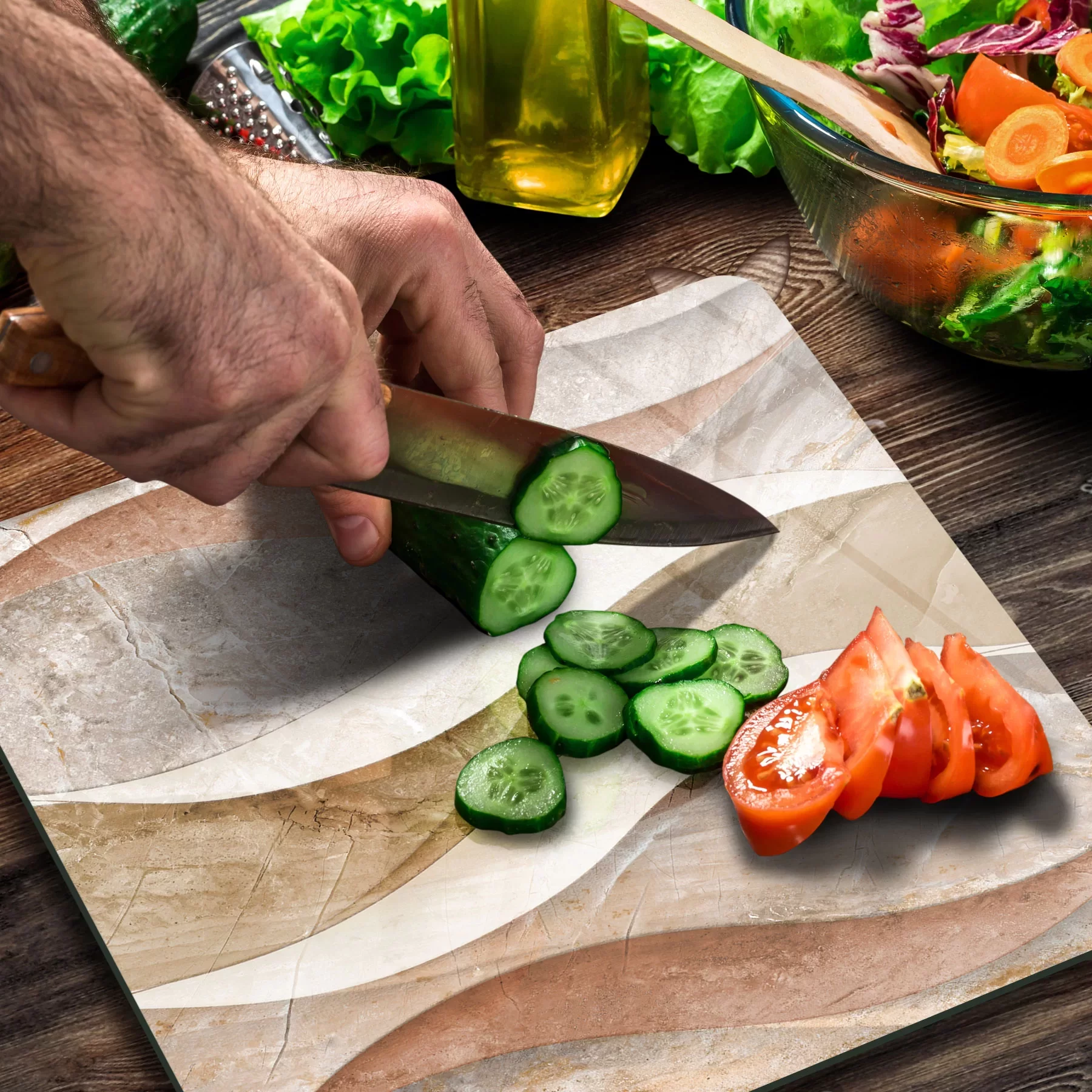 Picture of Decovetro Cam Kesme Tahtası ve Sunumluk Kare Dalgalı Mermer Desenli 30x30 Cm