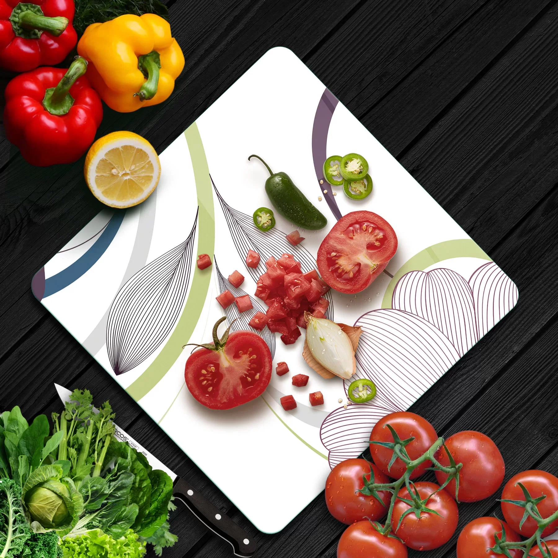 Picture of Decovetro Cam Kesme Tahtası ve Sunumluk Kare Çizgi Çiçek Desenli 30x30 Cm