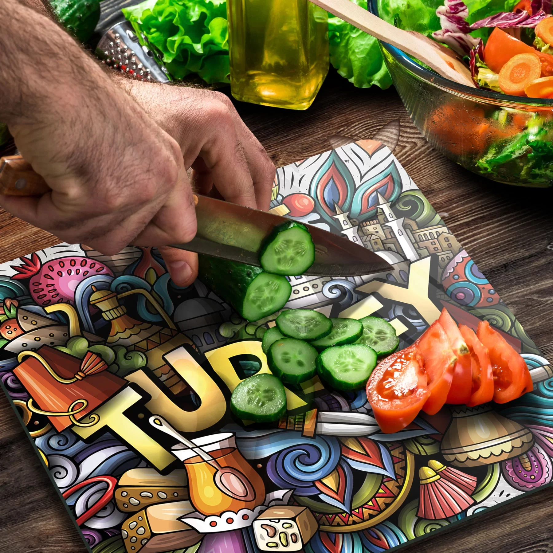 Picture of Decovetro Cam Kesme Tahtası ve Sunumluk Kare Turkey Desenli 30x30 Cm