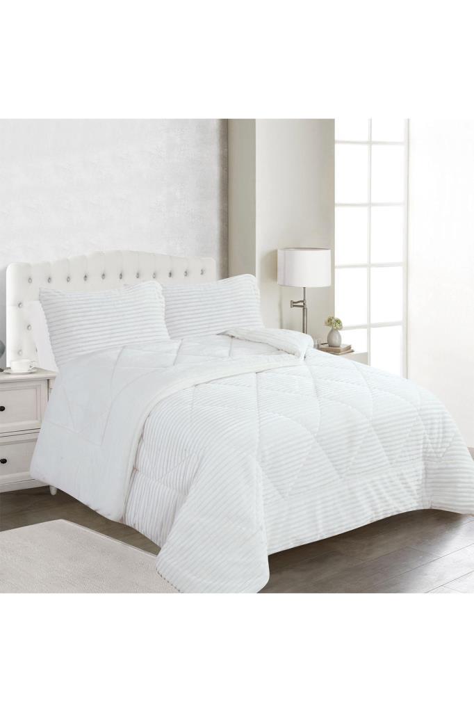 Picture of Ece Stripe Çift Kişilik Pelüş Yatak Örtüsü Krem