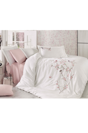 Picture of Butterfly 3d Nakışlı Pamuk Saten Nevresim Takımı Krem Pudra