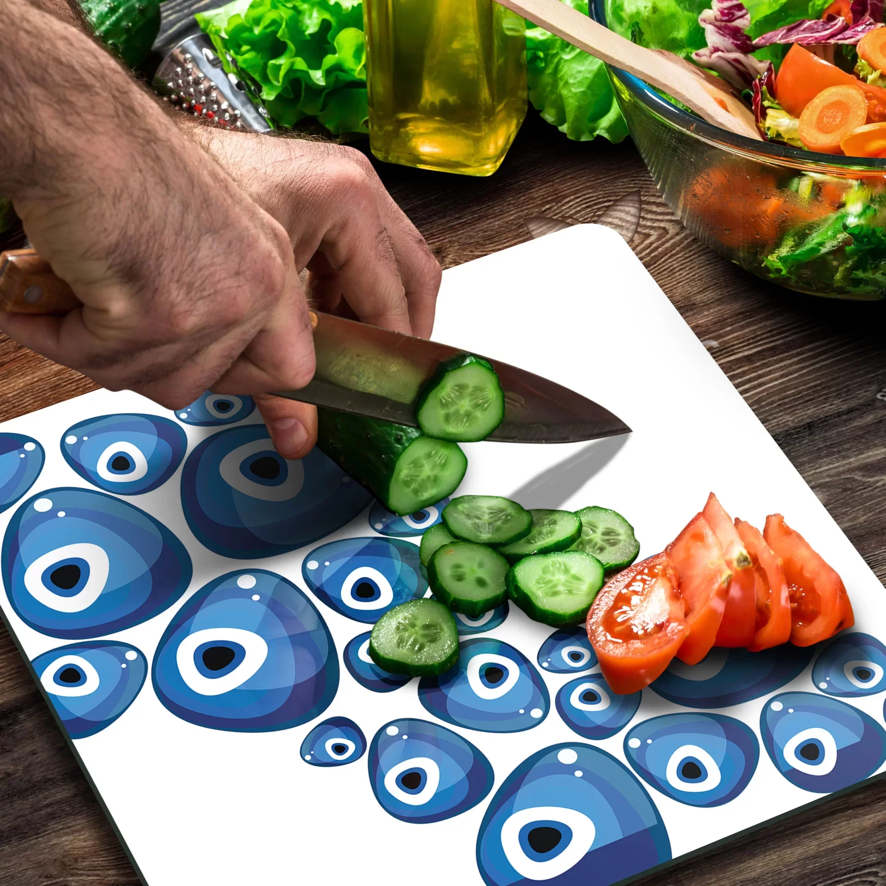 Picture of Decovetro Cam Kesme Tahtası ve Sunumluk Kare Nazar Boncuğu Beyaz Zeminli 30x30 Cm