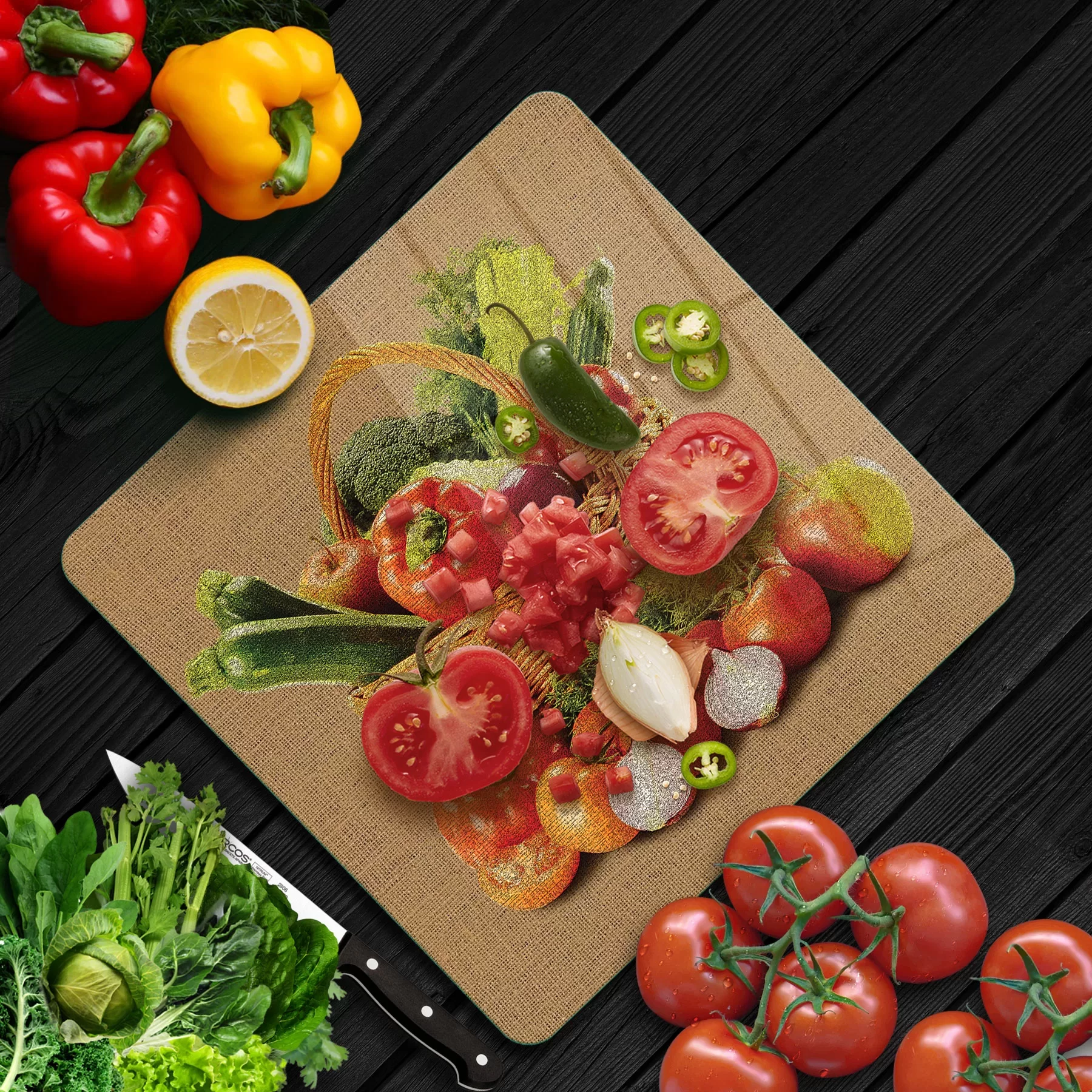 Picture of Decovetro Cam Kesme Tahtası ve Sunumluk Kare Sebze Sepeti Desenli 30x30 Cm