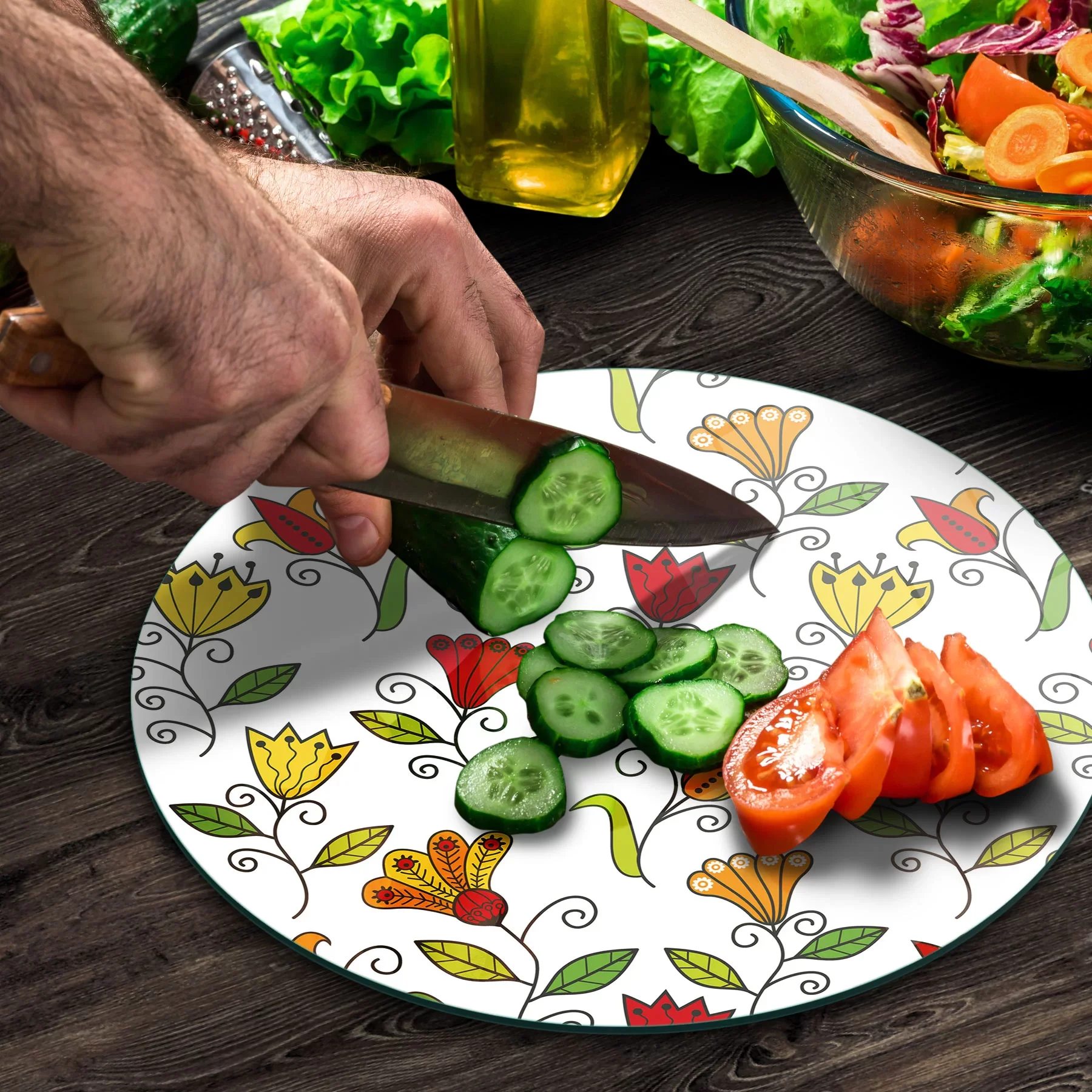 Picture of Decovetro Cam Kesme Tahtası ve Sunumluk Yuvarlak Renkli Çiçekler Desenli 30x30 Cm