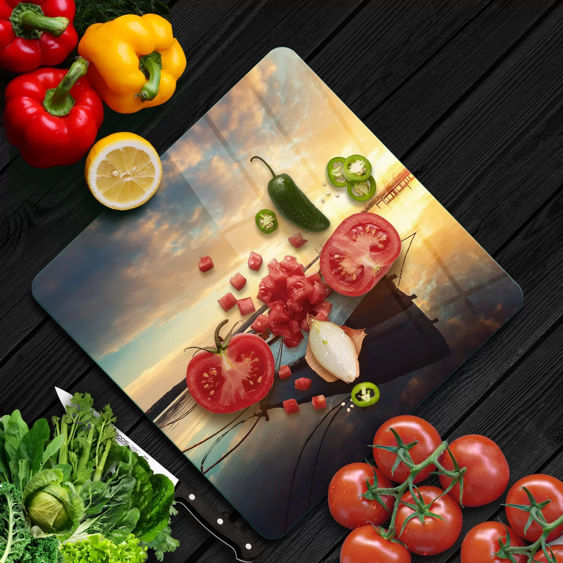 Picture of Decovetro Cam Kesme Tahtası ve Sunumluk Kare Kayık Desenli 30x30 Cm